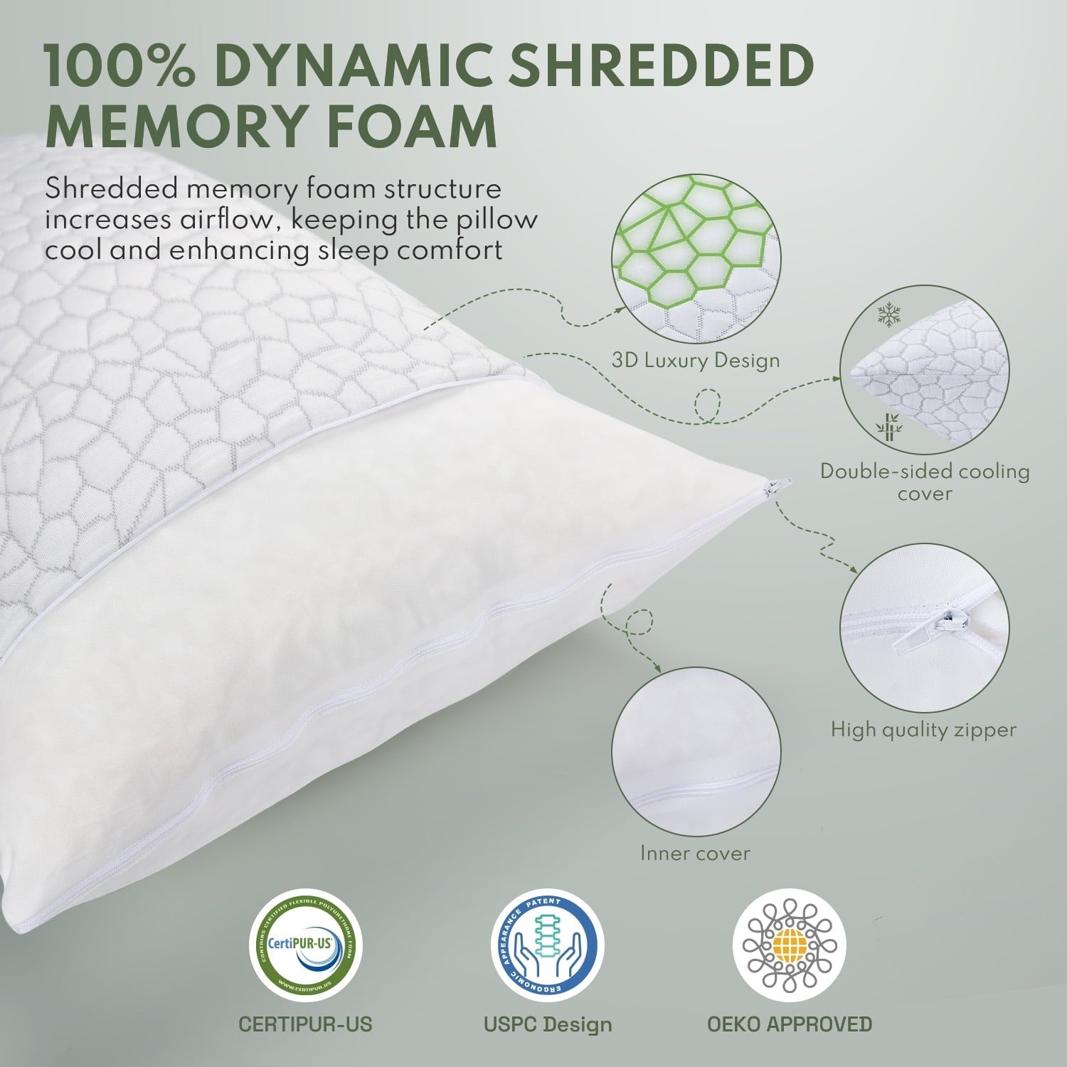 Ergonomic Memory Foam Queen Size Bed Pillows 4-Pack,3.3lb Shredded Memory Foam Filled,Hyper Soft & 3D Breathable Cooling Desigh Cover Fitti... - Orthopedic Shredded Foam Bed Pillow Set Detail