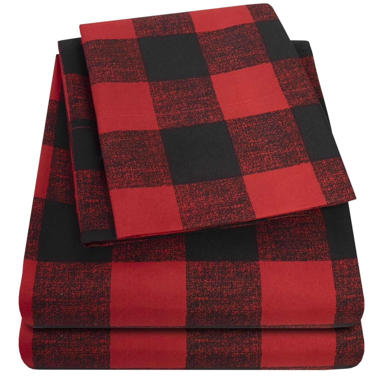 Breathable Luxury Buffalo Plaid Black and Red 4 Piece Bed Sheet Set - Twin - Luxury Bed Sheet Set with Deep Pockets Detail