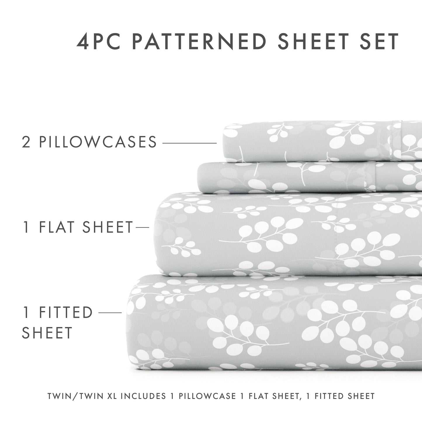 Ultra-Soft 4 Piece Pattern Microfiber Bed Sheets Set, Gray Wheat, Full - Luxury Bed Sheet Set with Deep Pockets Detail