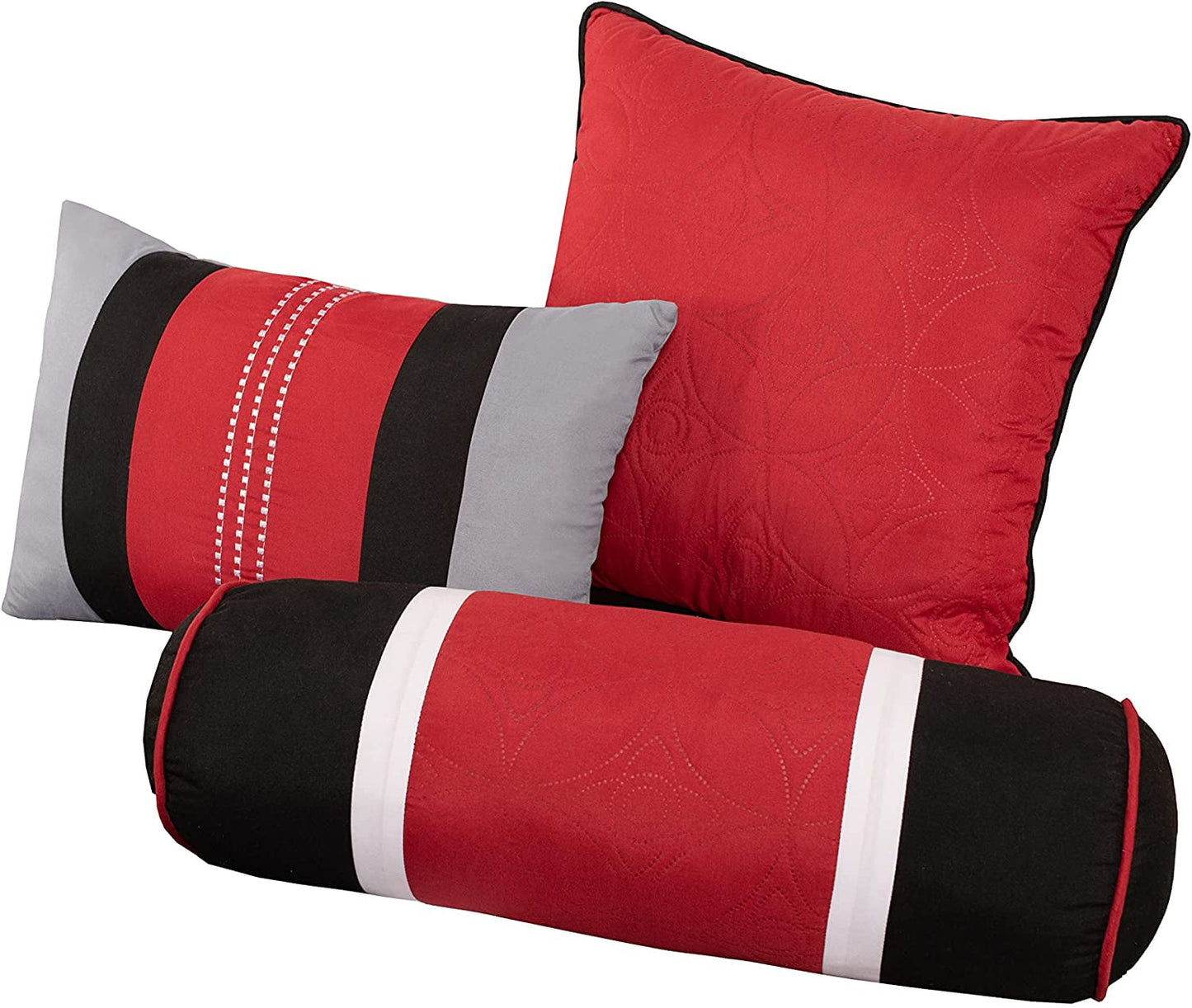 Fluffy Down Alternative 7-Piece Medallion Patchwork Comforter Set, Full, Red/Gray/Black - All-Season Down Alternative Comforter Insert Detail