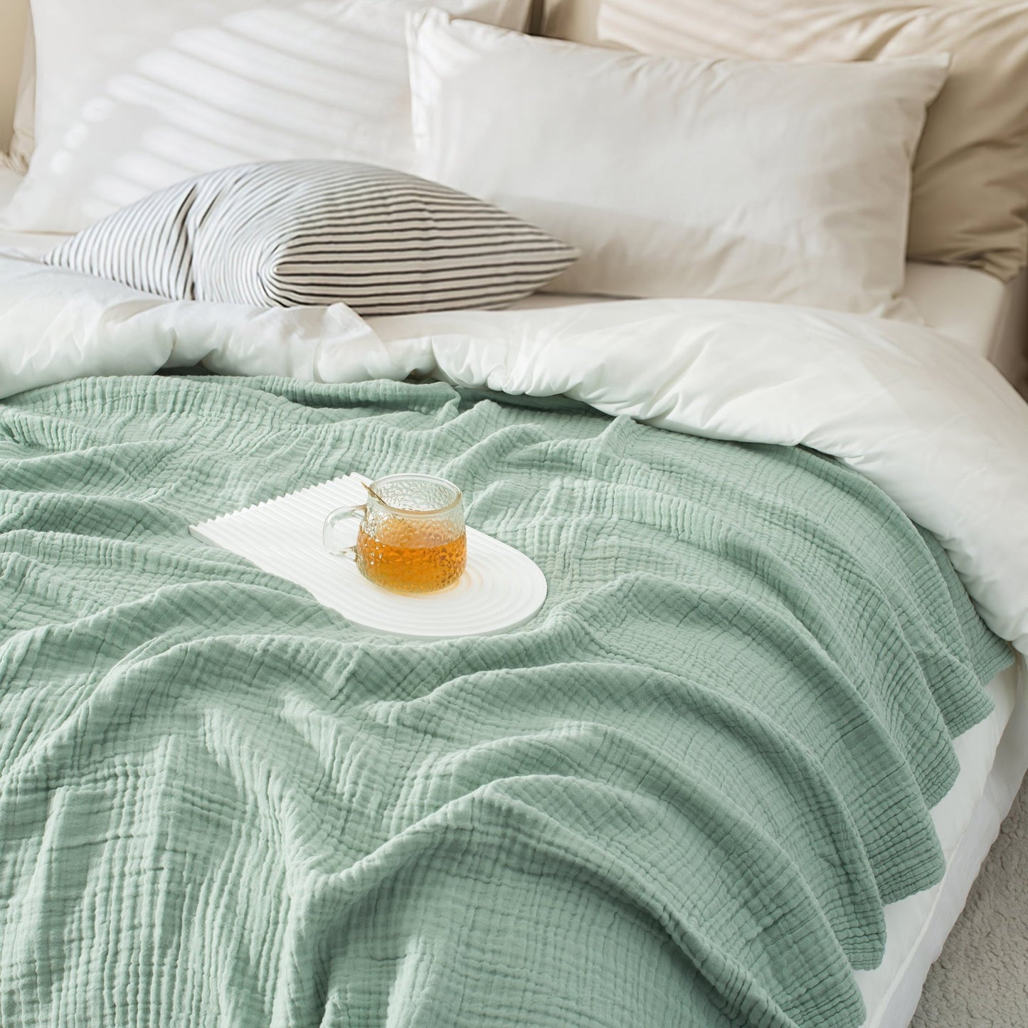 Decorative Knitted 100% Cotton Muslin Throw Blanket Gauze Blankets for Adults Soft Throws for Bed and Couch, 50" x 70" Sage Green - Lightweight Plush Warm Blanket for All Seasons Detail