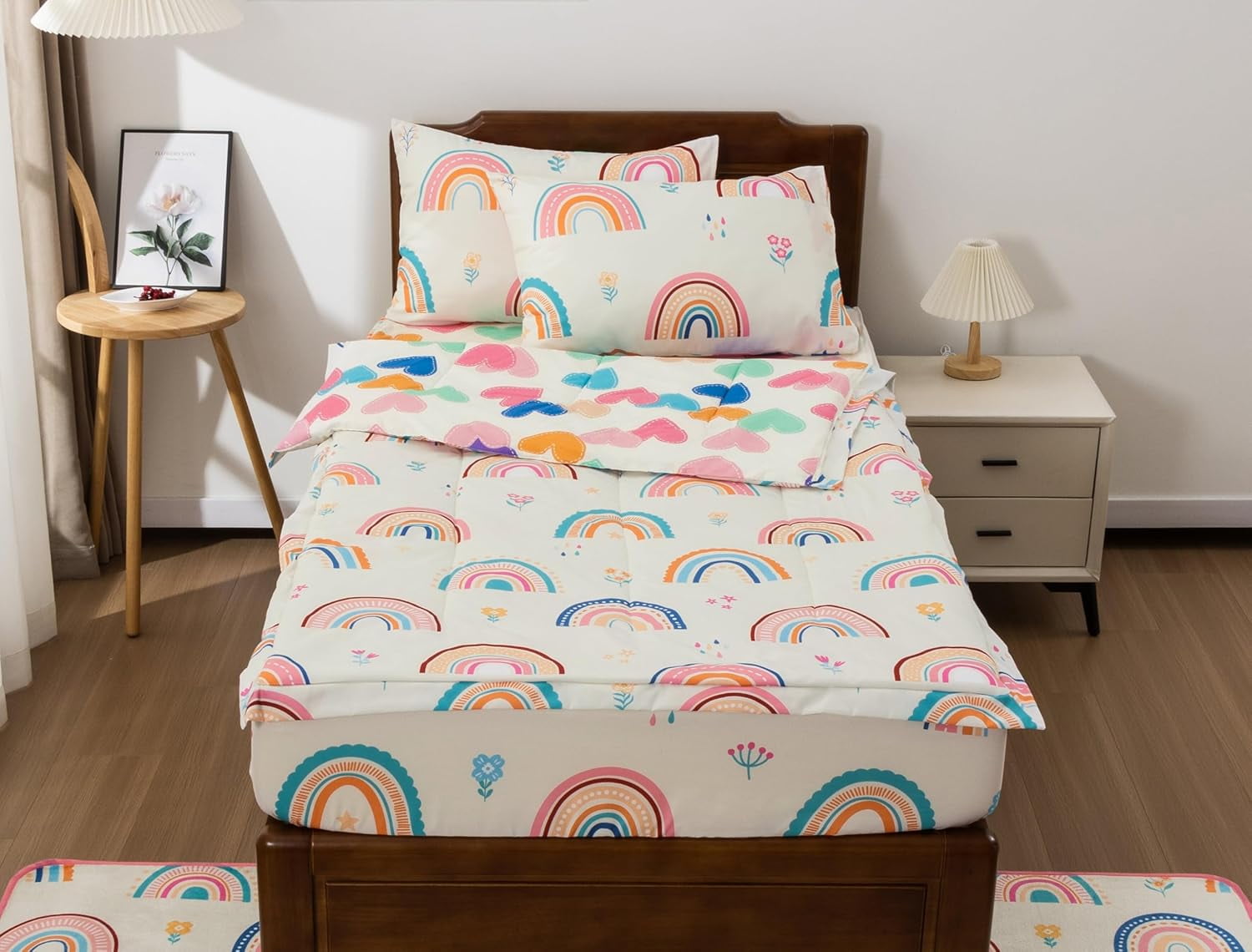 Heavyweight Warmth 3-Piece Kids Comforter Set Twin Zipper Bedding for Girls, Rainbow Comforter with Flower Pattern (Beige) - Hypoallergenic Ultra-Fluffy Quilt for Winter Detail