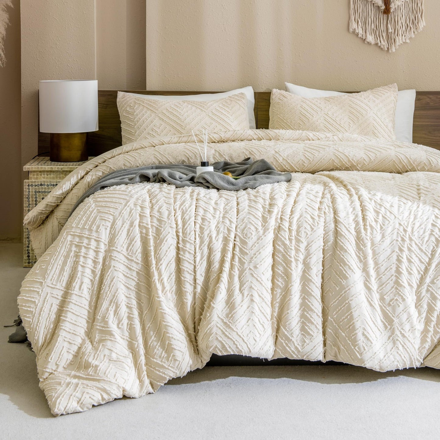 Heavyweight Warmth King Size Comforter Sets Beige - 3 Pieces Cream Boho Bedding Comforter Set for King Bed - Soft Fluffy Tufted Textured... - Hypoallergenic Ultra-Fluffy Quilt for Winter Detail