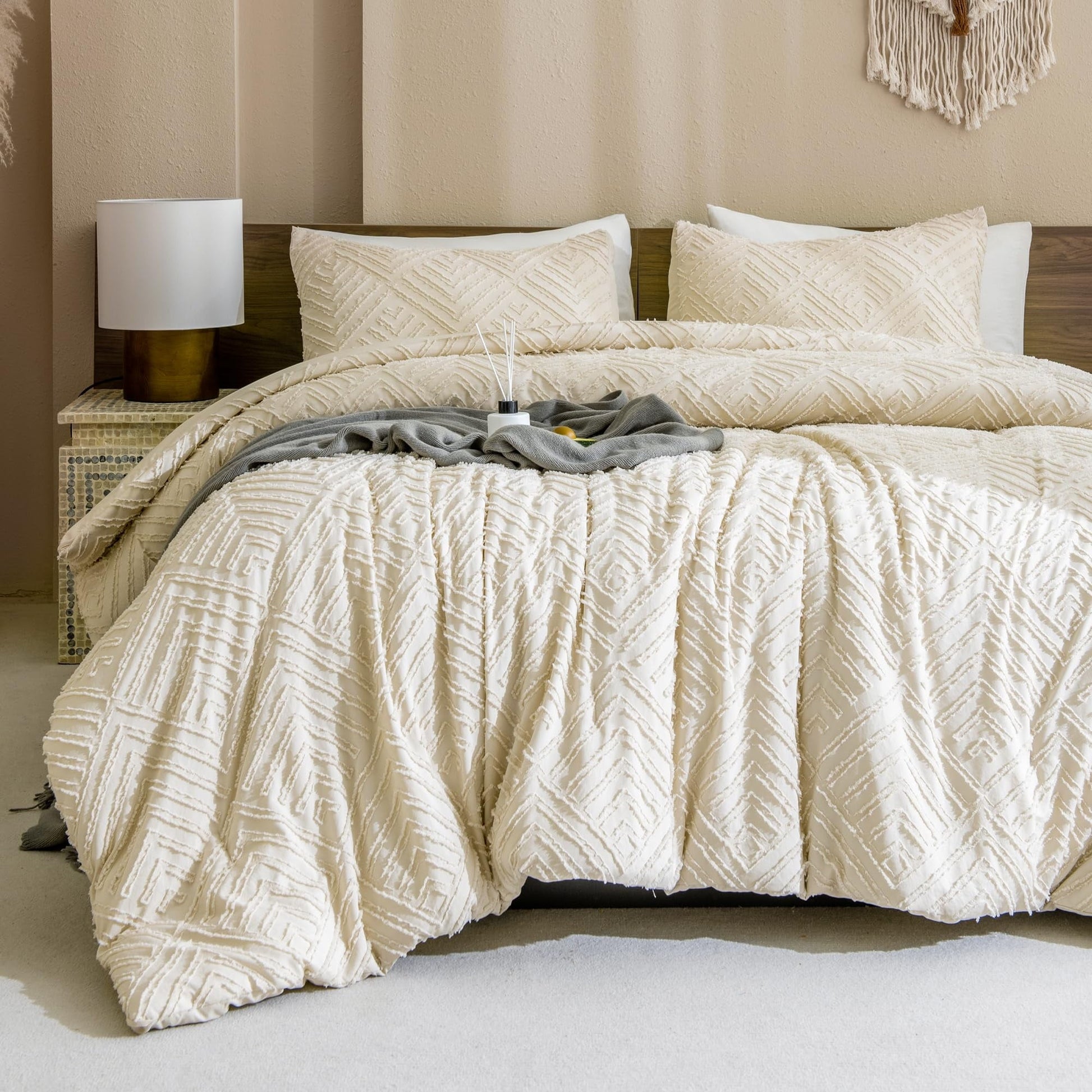 Heavyweight Warmth King Size Comforter Sets Beige - 3 Pieces Cream Boho Bedding Comforter Set for King Bed - Soft Fluffy Tufted Textured... - Hypoallergenic Ultra-Fluffy Quilt for Winter Detail