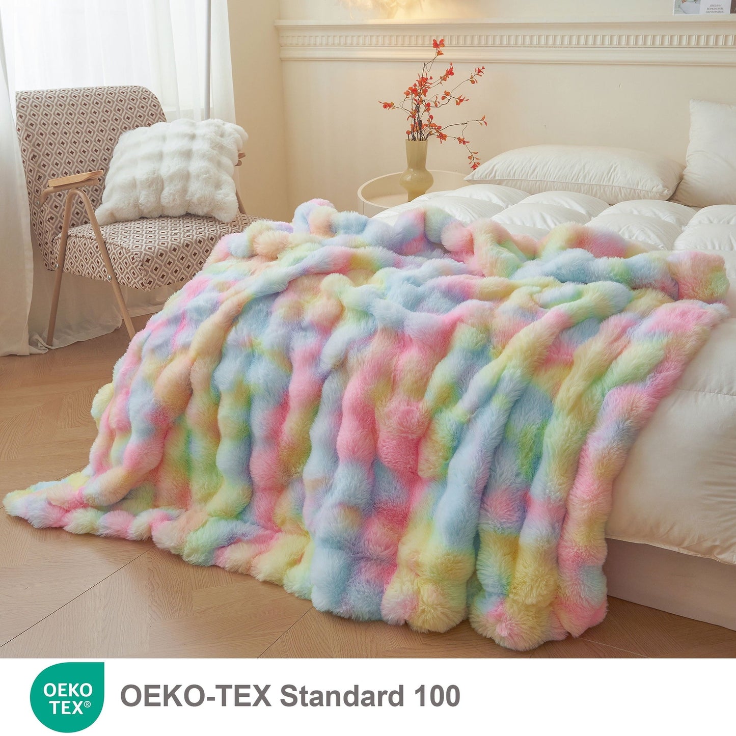 Super Soft Flannel Fluffy Faux Rabbit Fur Bubble Throw, Rainbow Plush Shaggy Blanket for Couch Sofa Chair, Soft Tie Dye Furry Blanket Ad... - Super Soft Reversible Sherpa Flannel Blanket Detail
