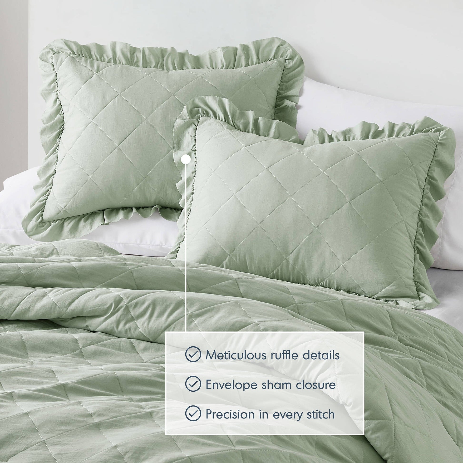 Luxurious Quilted Full/Queen Comforter Set Sage, 3 Pieces Quilted Ruffle Comforters Full/Queen Size, Solid Bedding Comforters Sets, Gif... - All-Season Down Alternative Comforter Insert Detail