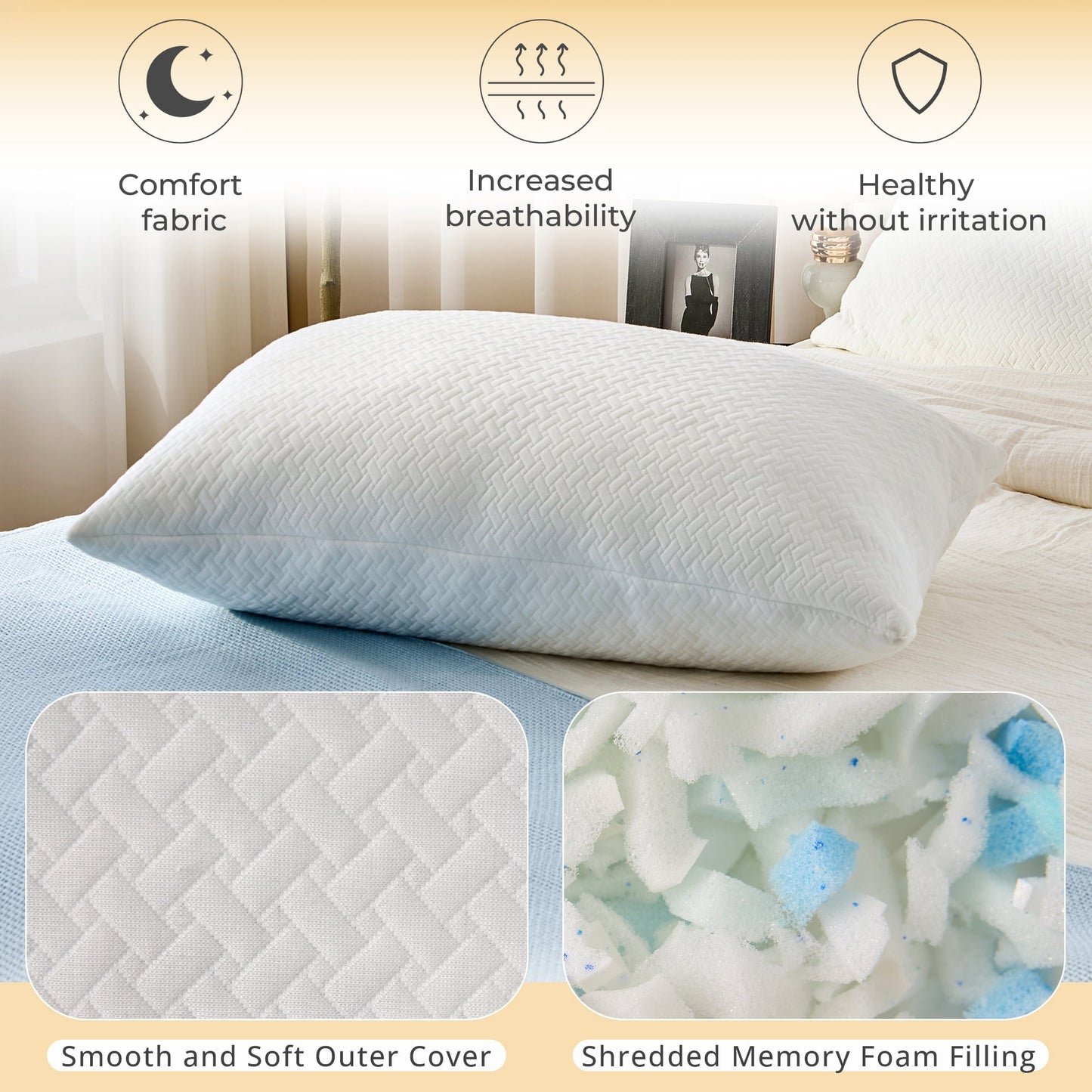 Hotel Collection 2 Pack Bed Pillow, Shredded Gel Memory Foam Pillow, Standard Queen, Medium, Made in USA - Decorative Throw Pillow Cushion for Sofa & Bed Detail