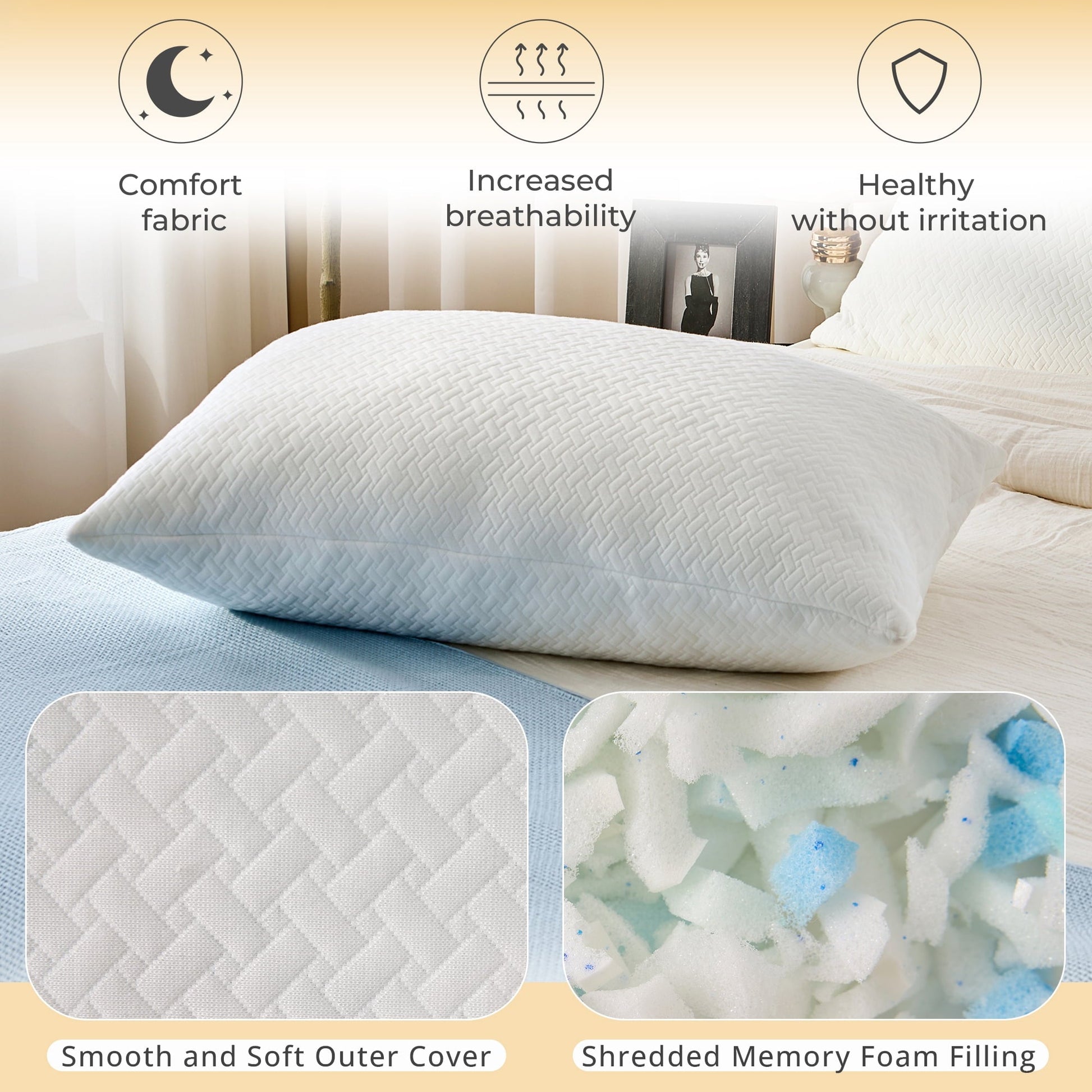 Hotel Collection 2 Pack Bed Pillow, Shredded Gel Memory Foam Pillow, Standard Queen, Medium, Made in USA - Decorative Throw Pillow Cushion for Sofa & Bed Detail