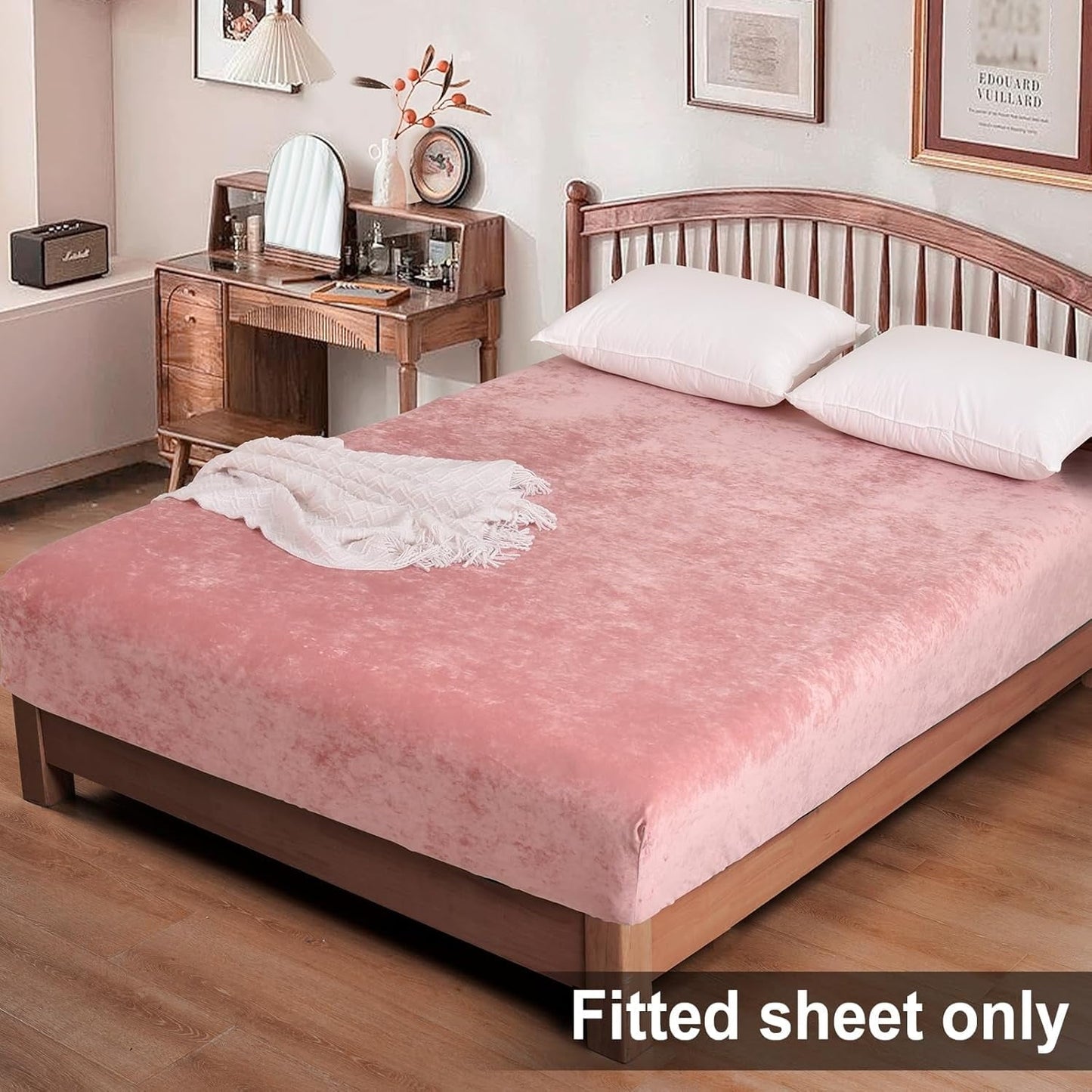 Premium Egyptian Cotton Truly Velvet Fitted Sheet Twin Size, Luxury Super Soft Flannel Bottom Sheet with 15" Deep Pocket for Winter, Pink - Cooling Hotel Quality Bedding Sheets and Pillowcases Detail