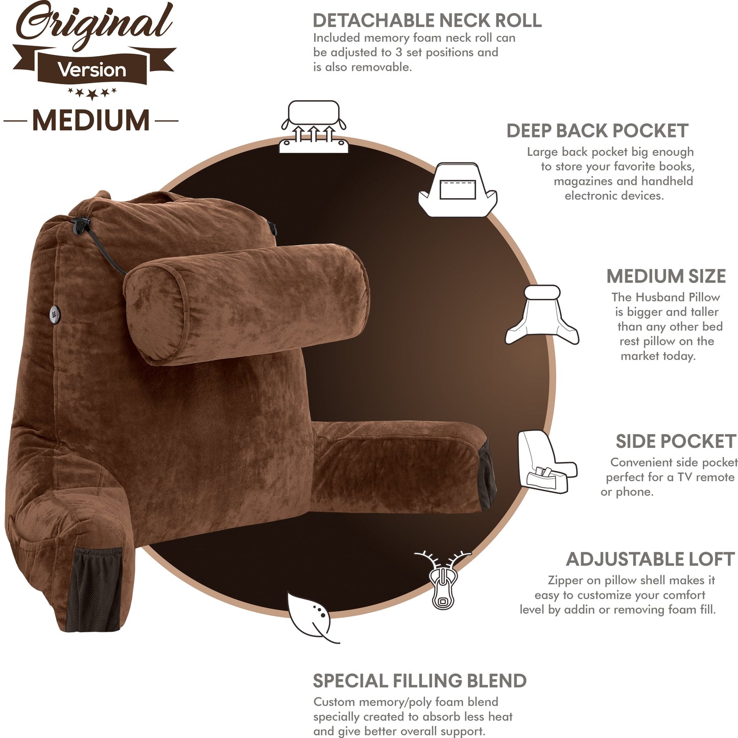 Orthopedic Support Medium Chocolate Brown, Backrest - Detach Neck Roll, Removable Cover - Decorative Throw Pillow Cushion for Sofa & Bed Detail