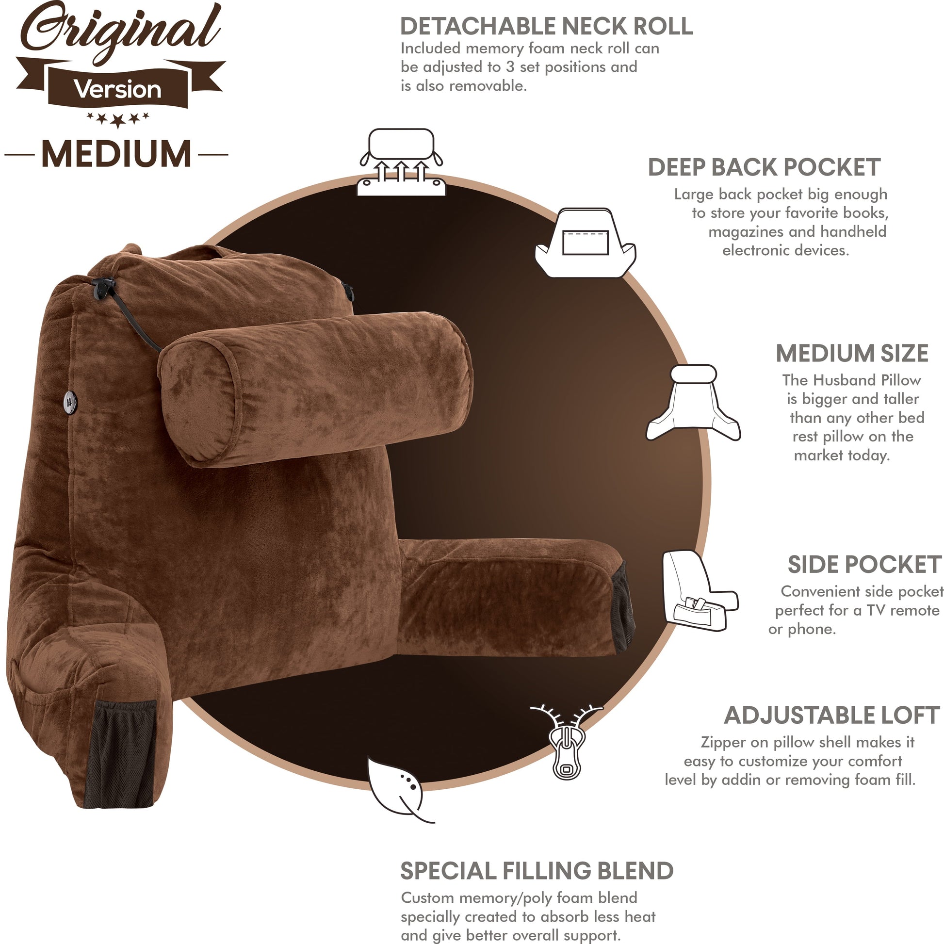 Orthopedic Support Medium Chocolate Brown, Backrest - Detach Neck Roll, Removable Cover - Decorative Throw Pillow Cushion for Sofa & Bed Detail