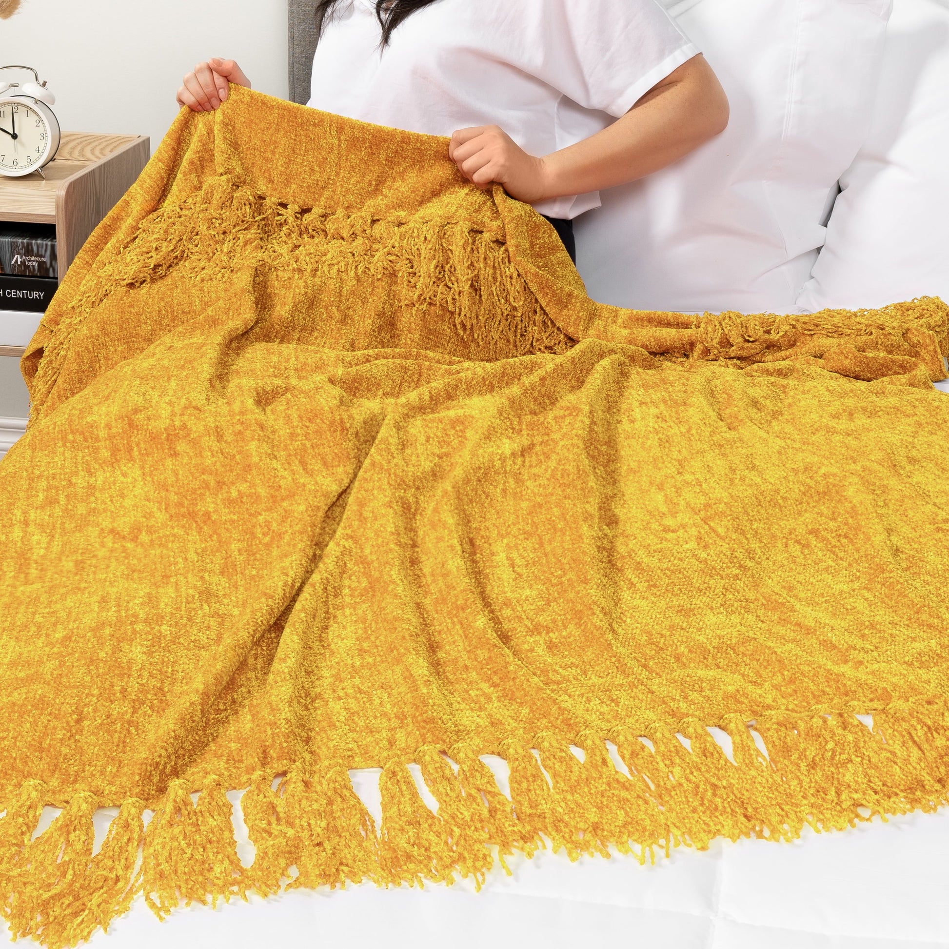 Super Soft Flannel Mustard Yellow Chenille Throw Blanket for Couch, Soft Gold Knit Blanket with Tassel Fringe, Woven Chenille Knitted De... - Super Soft Reversible Sherpa Flannel Blanket Detail