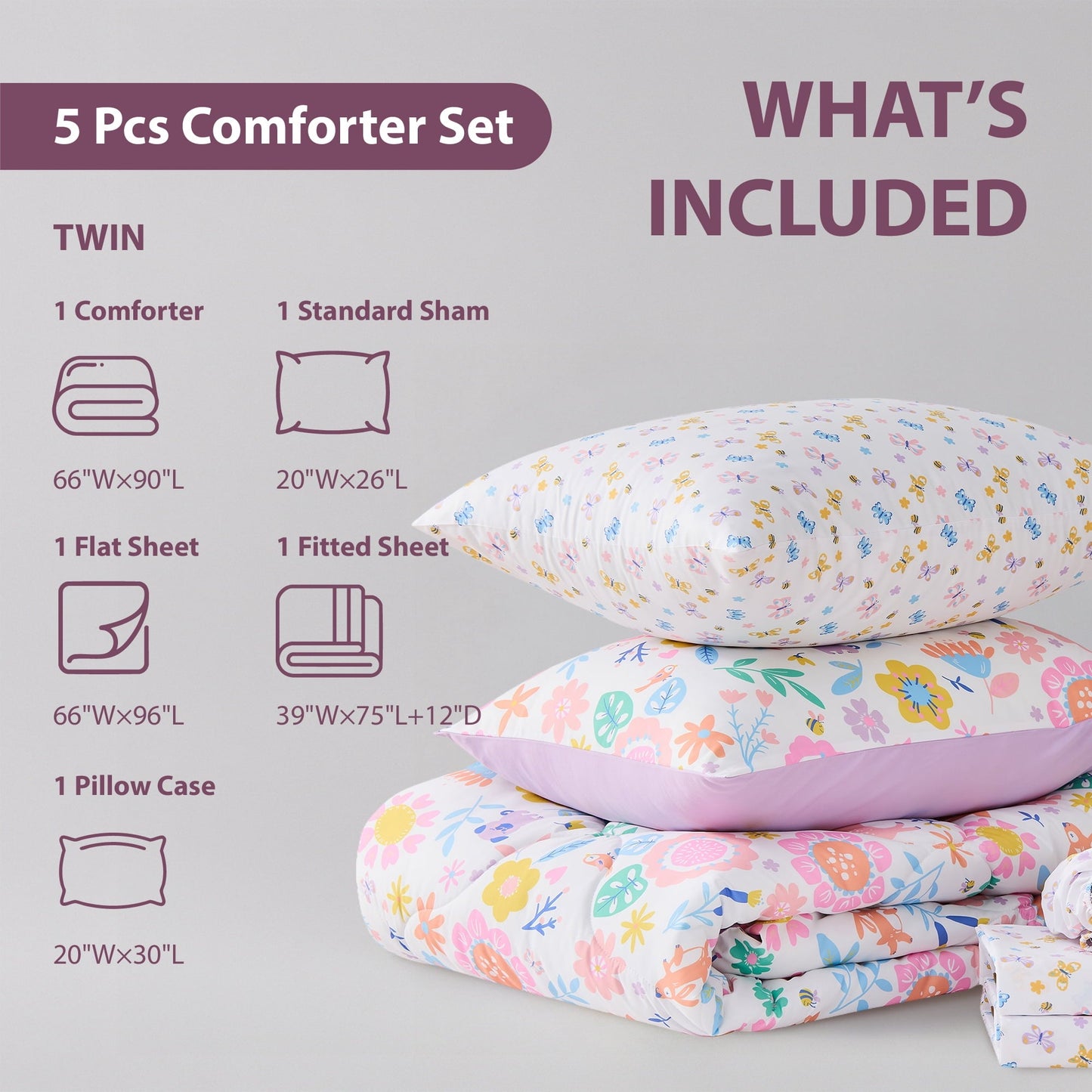 Heavyweight Warmth Floral Comforter Set, Soft Microfiber Flower Bedding Set, 5 Pieces with Comforter, Sheets and Pillowcases, Twin - Luxurious Quilted Duvet Cover Set Detail