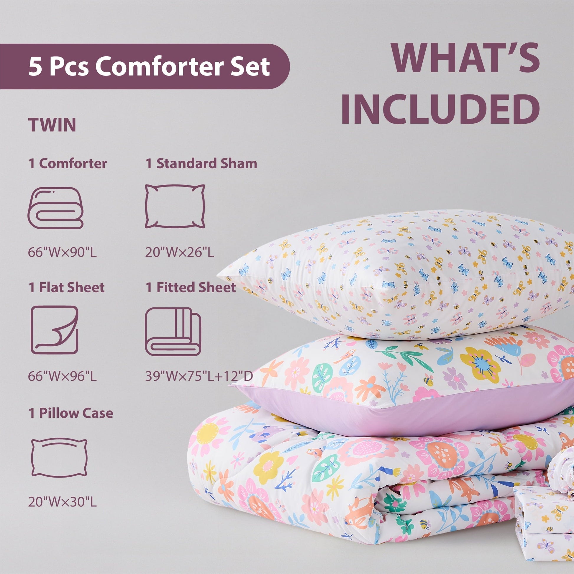 Heavyweight Warmth Floral Comforter Set, Soft Microfiber Flower Bedding Set, 5 Pieces with Comforter, Sheets and Pillowcases, Twin - Luxurious Quilted Duvet Cover Set Detail