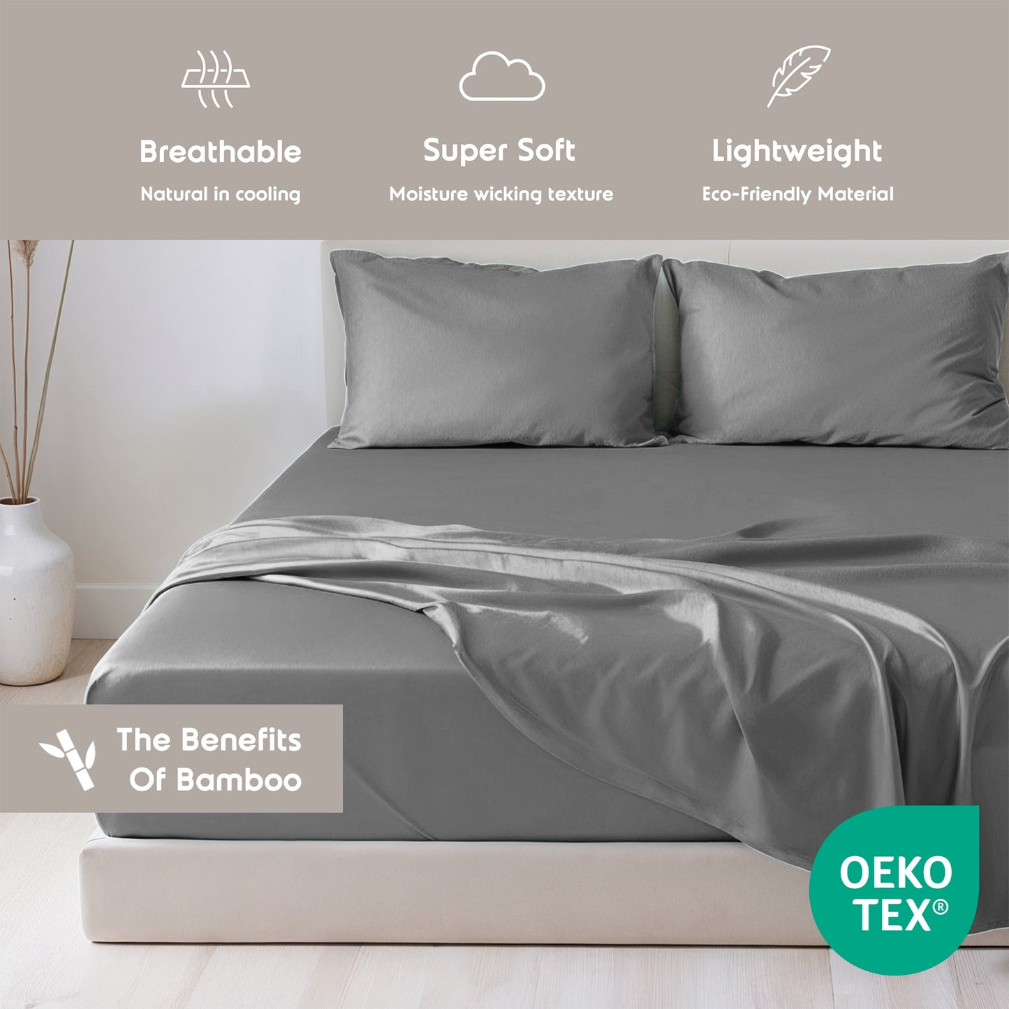 Wrinkle-Resistant Virtu Bed Sheets Set, Deep Pocket Rayon Derived 4 Piece Queen Sheets sets, Gray - Premium Ultra-Soft Pillowcase Pair for Sleeping Detail