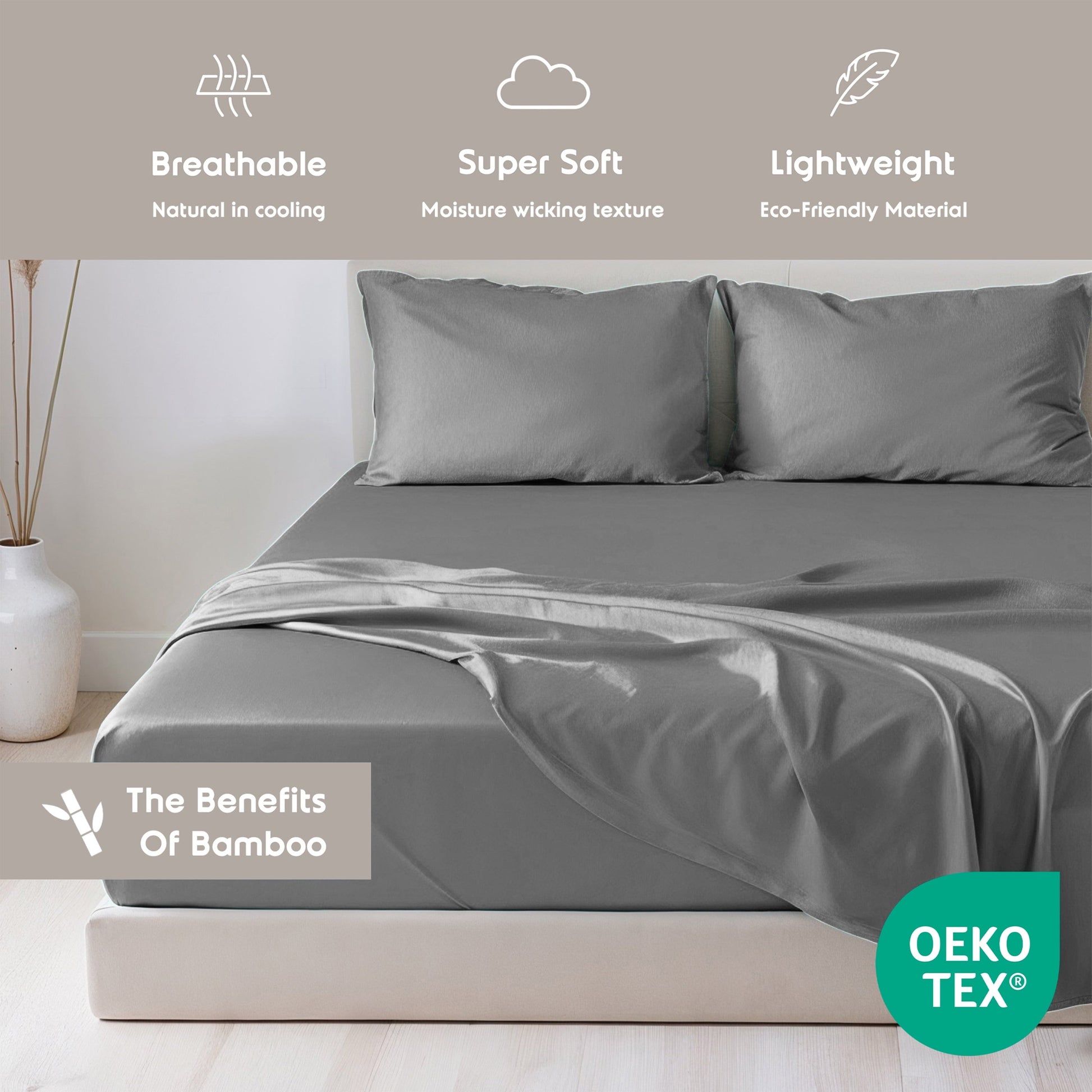 Wrinkle-Resistant Virtu Bed Sheets Set, Deep Pocket Rayon Derived 4 Piece Queen Sheets sets, Gray - Premium Ultra-Soft Pillowcase Pair for Sleeping Detail