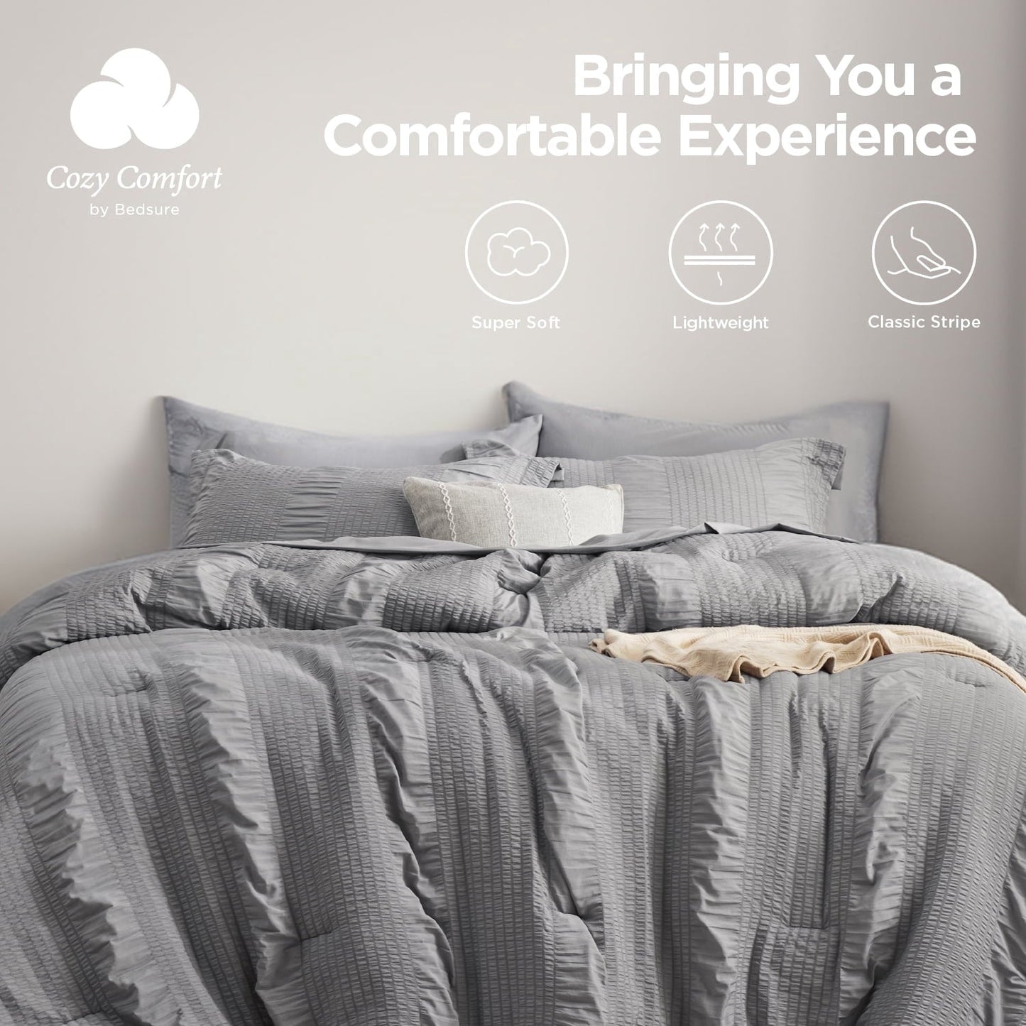Heavyweight Warmth Twin Comforter Sets 5 Pieces Stripes Seersucker Bedding Set, Bed in a Bag with Soft Comforter & Sheets, Pillowcase & ... - All-Season Down Alternative Comforter Insert Detail