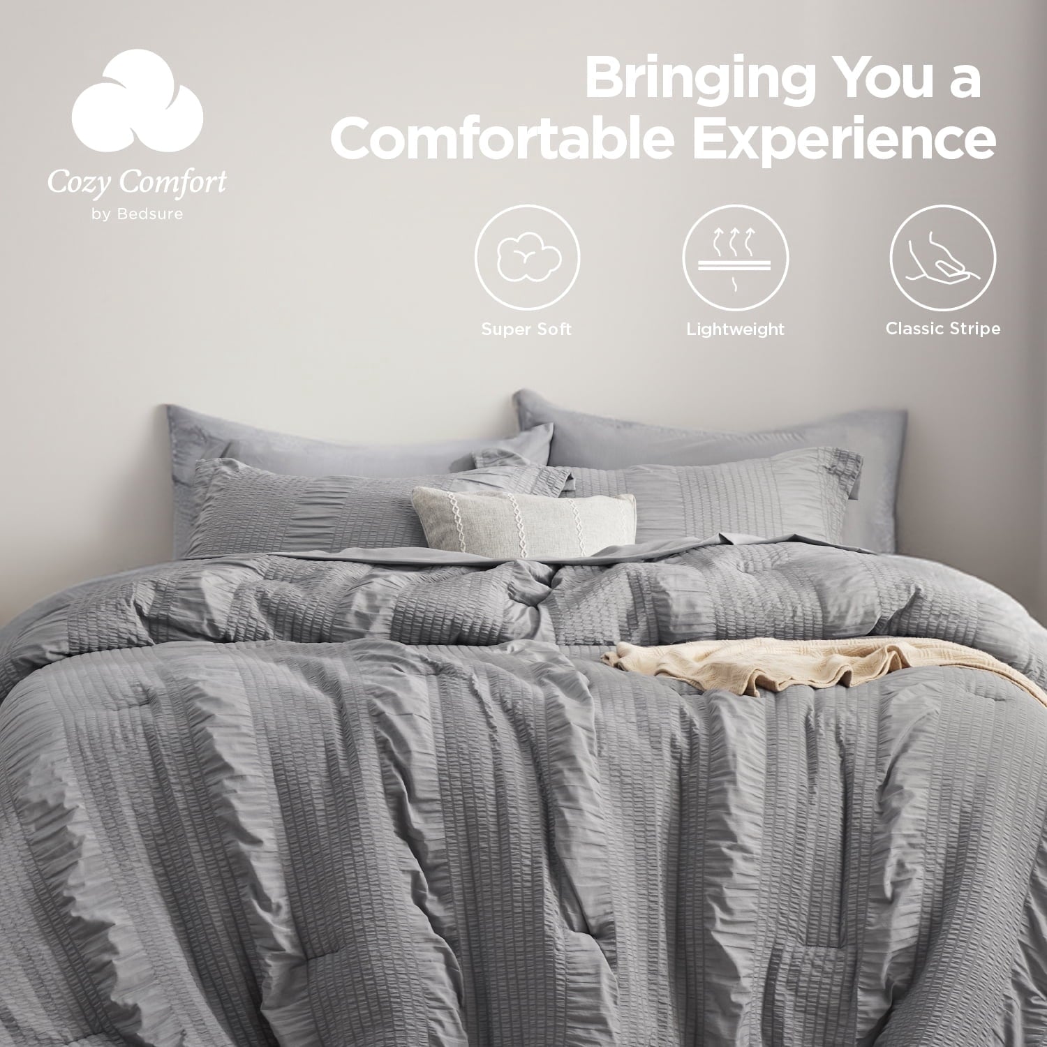 Heavyweight Warmth Twin Comforter Sets 5 Pieces Stripes Seersucker Bedding Set, Bed in a Bag with Soft Comforter & Sheets, Pillowcase & ... - All-Season Down Alternative Comforter Insert Detail