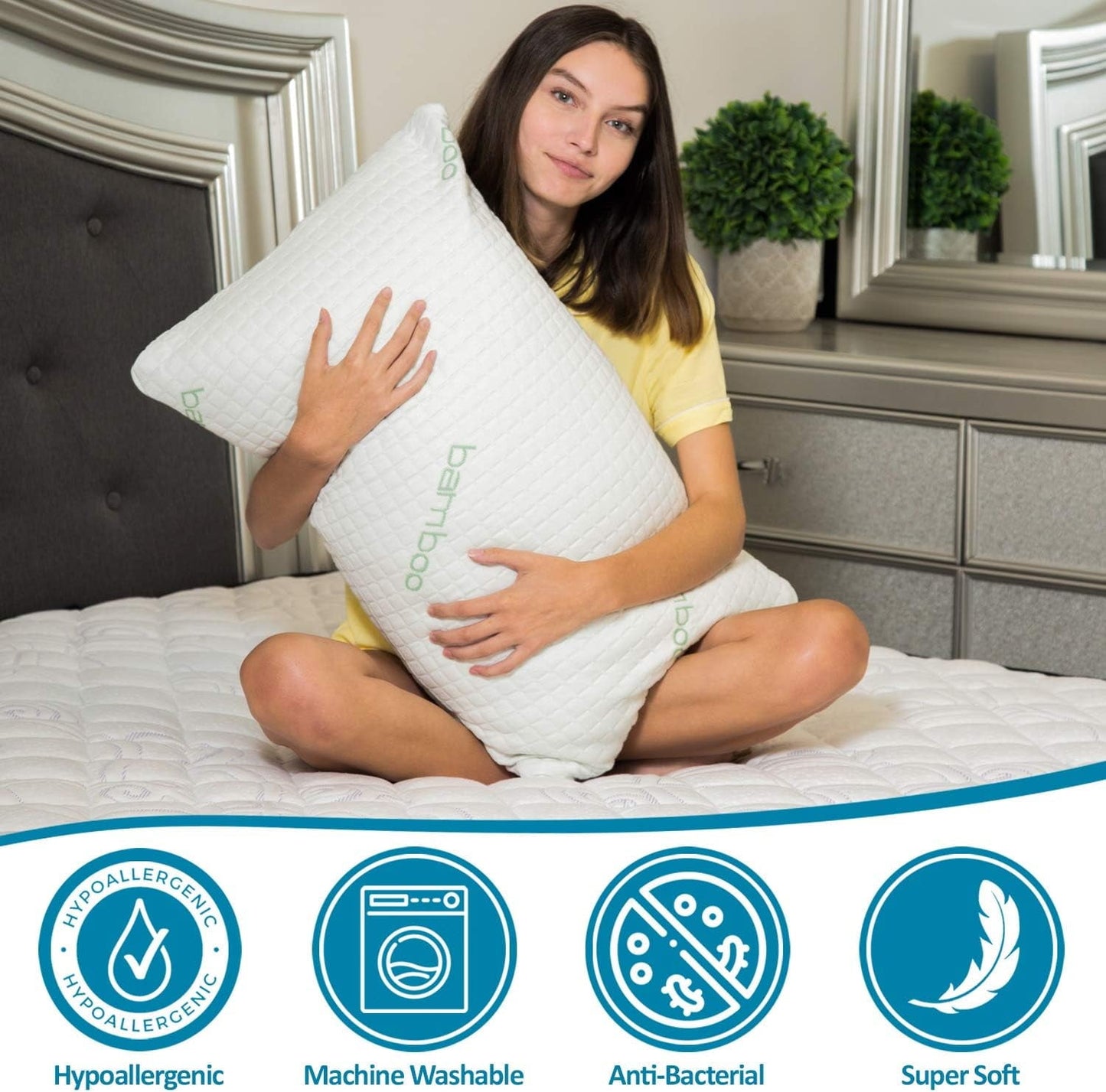 Fluffy Shredded Queen Size Bamboo Pillow, Memory Foam Bed Pillows with Washable Pillowcases, Queen - Ergonomic Memory Foam Pillow for Neck Pain Support Detail