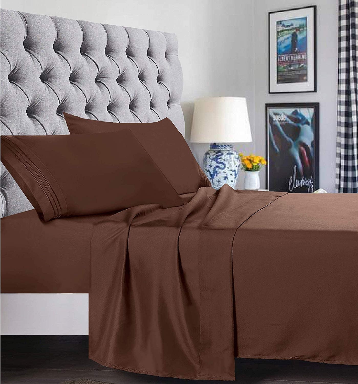 Premium Egyptian Cotton 1500 Series Microfiber Bed Sheets 4-Piece Set, Deep Pocket, Twin/Twin XL Chocolate Brown - Luxury Bed Sheet Set with Deep Pockets Detail