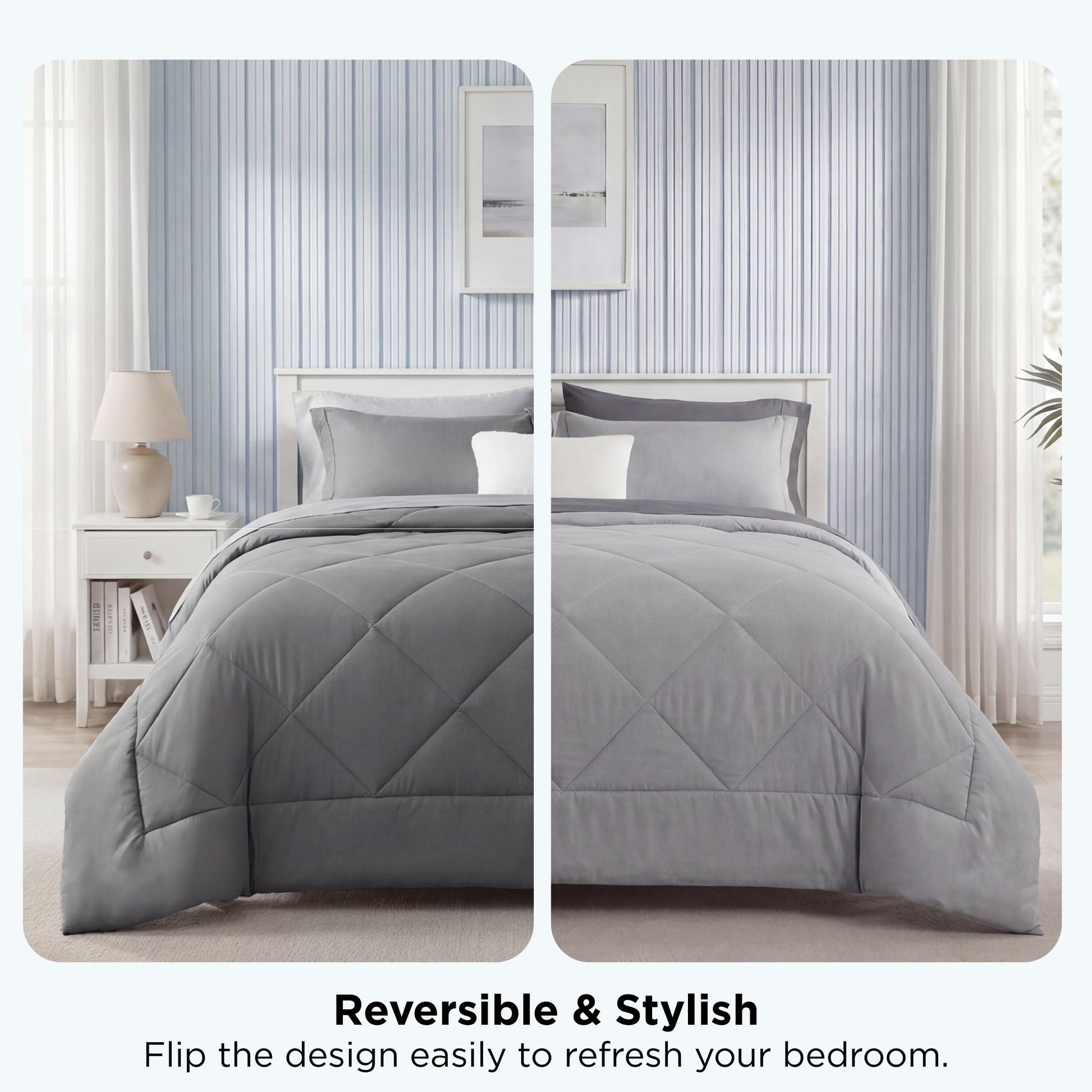 Fluffy Down Alternative Queen Reversible Comforter Set - 7 Pieces Grey Bedding, Bed in a Bag with Alternative Comforter, Sheets, Pillowcases ... - Cloud-Like Soft Lightweight Bed Comforter Detail