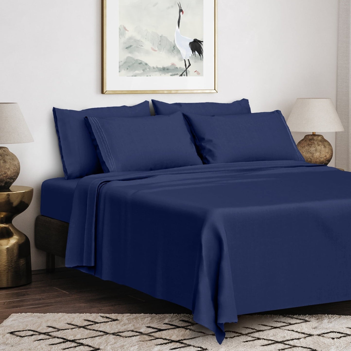 Premium Egyptian Cotton Queen Bed Sheets Set, 6 Pc Microfiber Bed Sheets, Extra Deep Pocket Queen Fitted Sheet, Flat Sheet & Pillowcases, Nav... - Cooling Hotel Quality Bedding Sheets and Pillowcases Detail