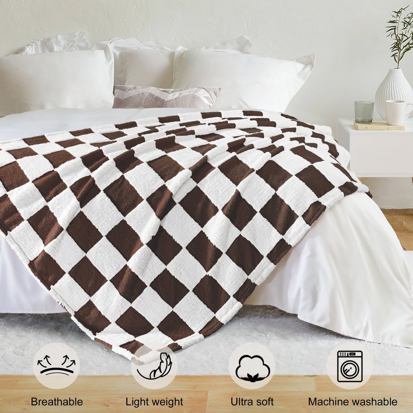 Reversible Sherpa Checkered Throw Blanket, Super Soft and Warm Fluffy Fleece Blanket for Couch, Sofa, Bed, Cute Plaid Pattern, Coffee, ... - Cozy Fleece Throw Blanket for Couch & Bed Detail