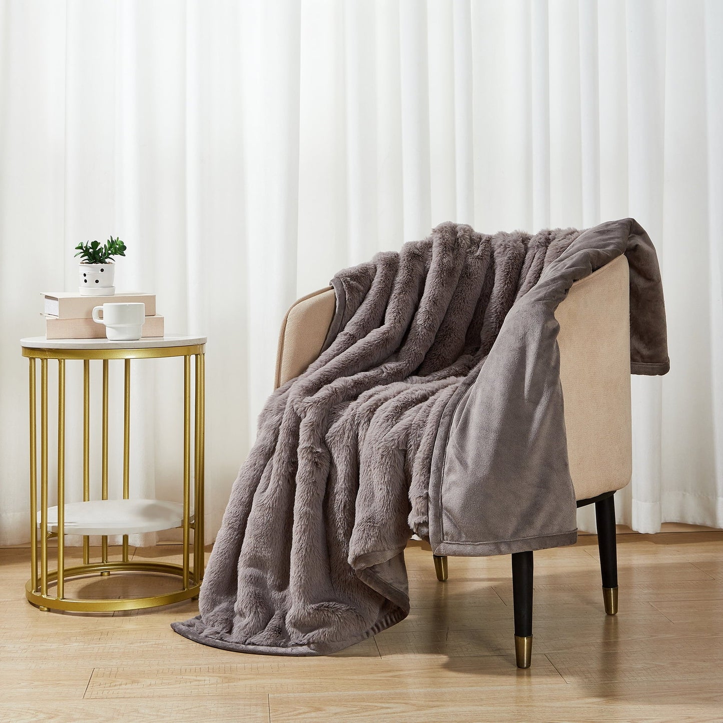 Lightweight Warm Grey Faux Fur Ultra Soft Luxury Oversized Throw Blanket 50" x 72", Grey Bisque - Luxury Knitted Decorative Throw Blanket with Fringes Detail