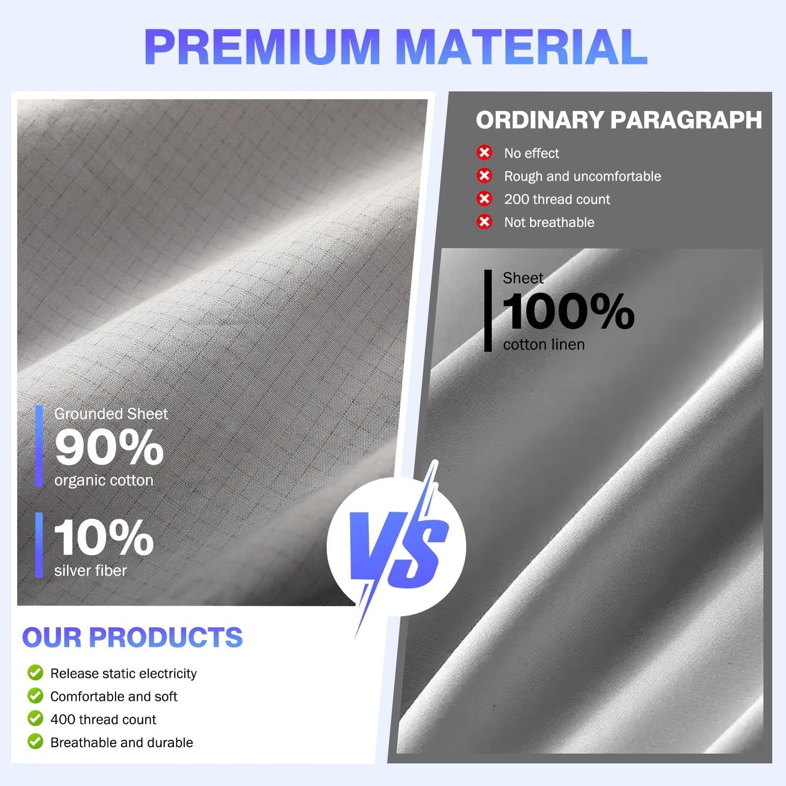 Premium Egyptian Cotton Grounding Sheets King Size,Earth Grounded Fitted Bed Sheet 10% Pure Silver Fiber + 90% Organic Cotton, Bed Grounding ... - Breathable Egyptian Cotton Flat & Fitted Sheets Detail