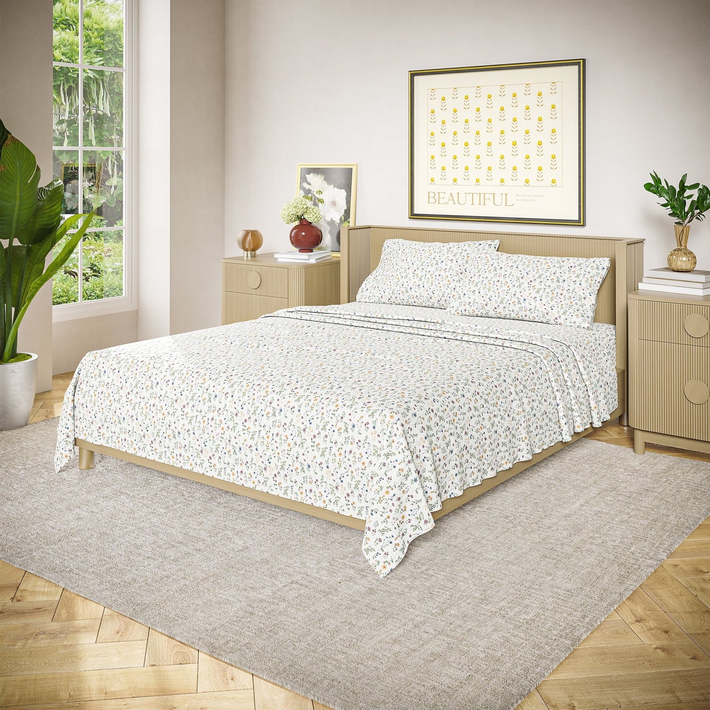 Breathable Luxury Botanical 4-Piece 100% Cotton Washed Percale White Sheet Set, Queen - Cooling Hotel Quality Bedding Sheets and Pillowcases Detail