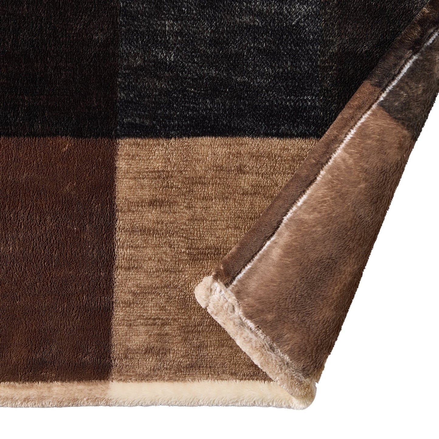 Decorative Knitted Printed Velvet Plush Super Soft Throw Blanket, Oversized, Shelton Brown Plaid - Super Soft Reversible Sherpa Flannel Blanket Detail
