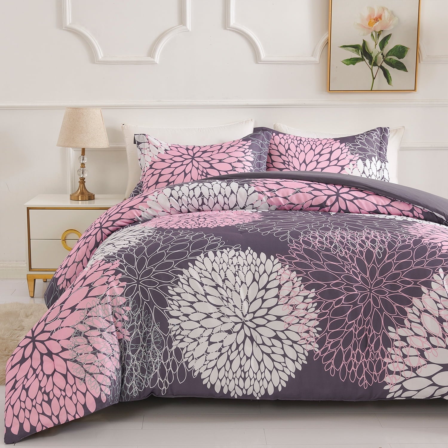 Heavyweight Warmth 2 Pieces Pink Floral Comforter Set Twin Size, Botanical Bedding Sets with Cute Flowers Printing for Teen Girls - Hypoallergenic Ultra-Fluffy Quilt for Winter Detail