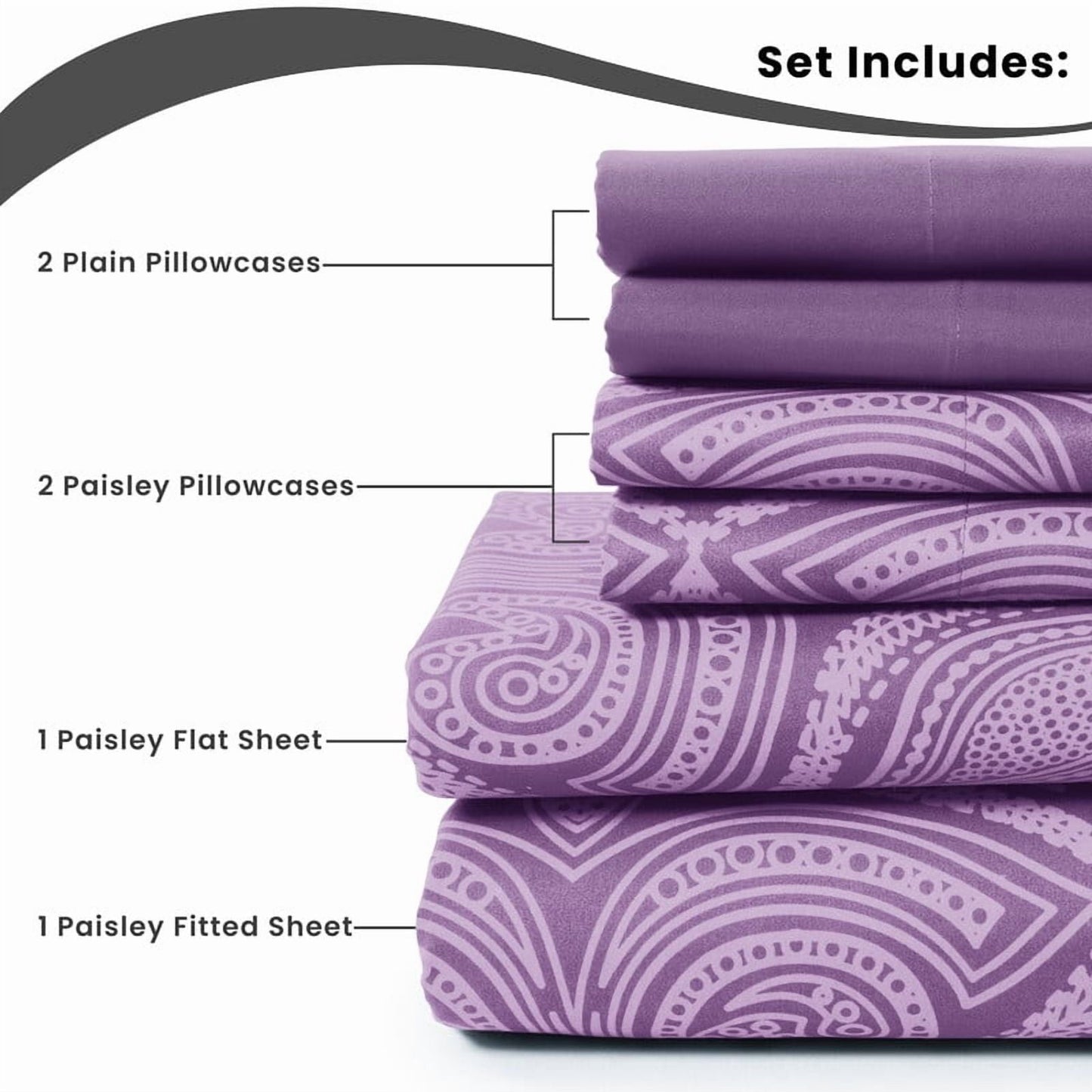 Premium Egyptian Cotton Paisley Printed Queen Bed Sheets Set, Microfiber 6 Piece Bedding Set - Purple - Premium Ultra-Soft Pillowcase Pair for Sleeping Detail