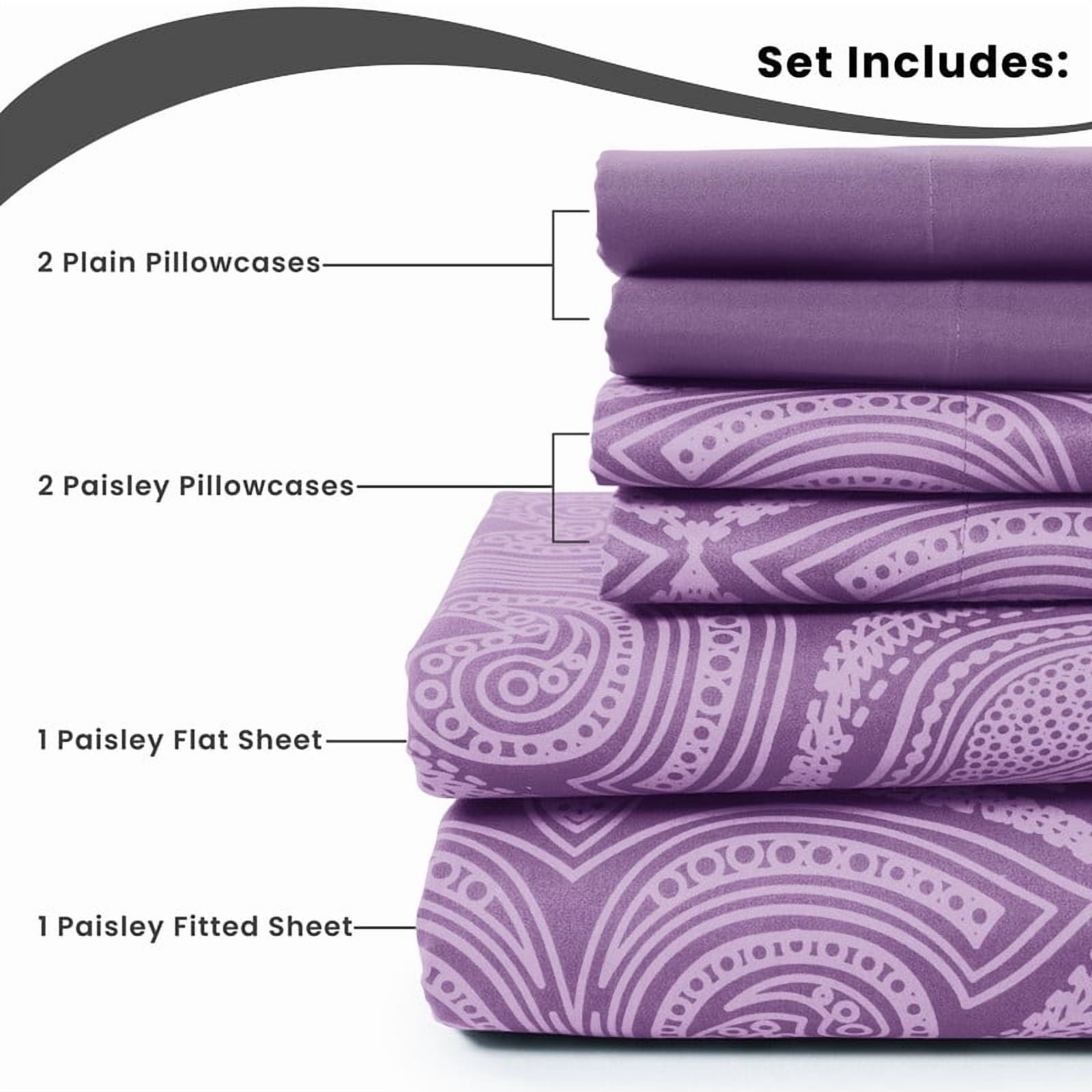 Premium Egyptian Cotton Paisley Printed Queen Bed Sheets Set, Microfiber 6 Piece Bedding Set - Purple - Premium Ultra-Soft Pillowcase Pair for Sleeping Detail