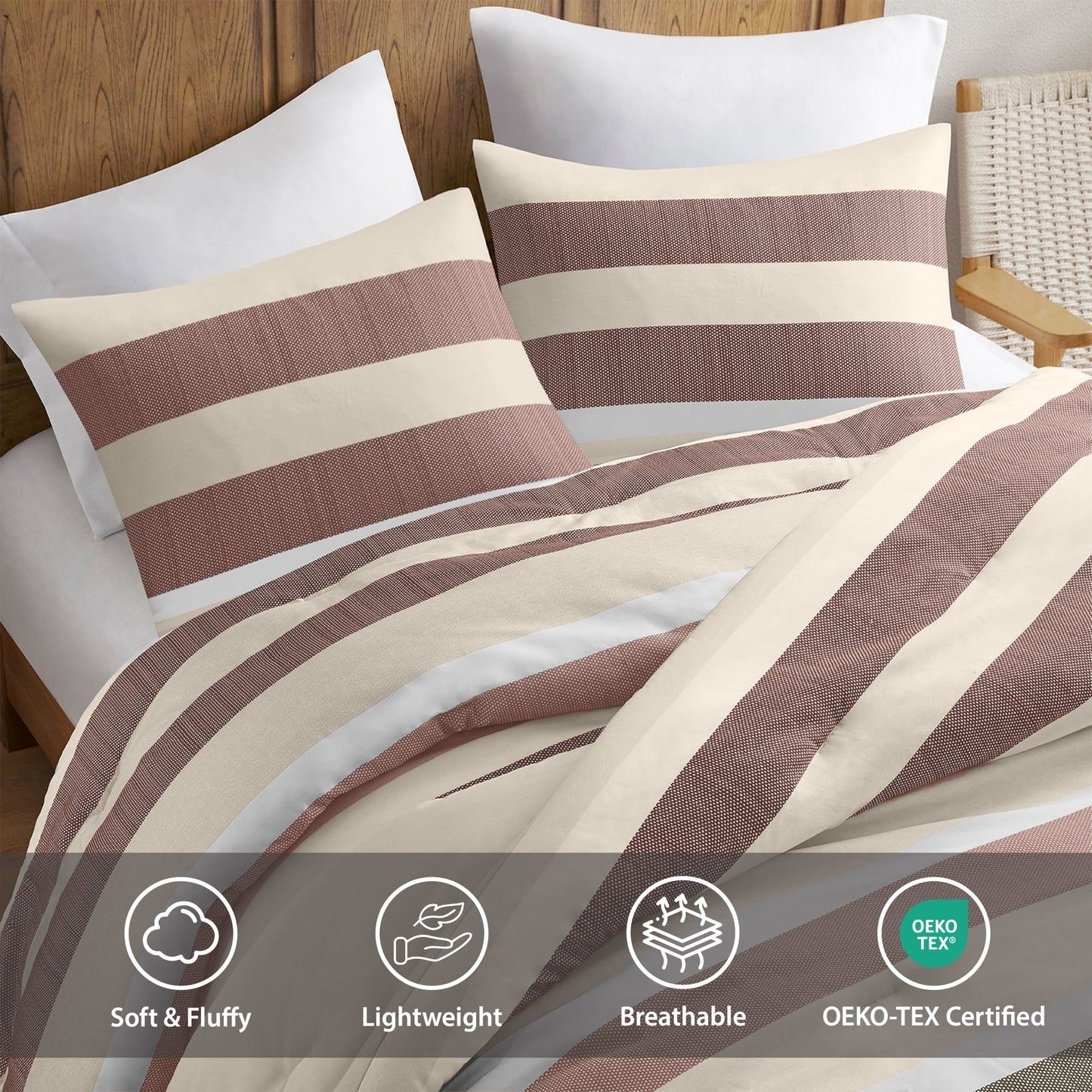 All-Season 2-Piece Comforter Sets, Reversible Striped Comforter Set for Dorm, Lightweight All Season Bedding Set with Pillow Sha... - All-Season Down Alternative Comforter Insert Detail