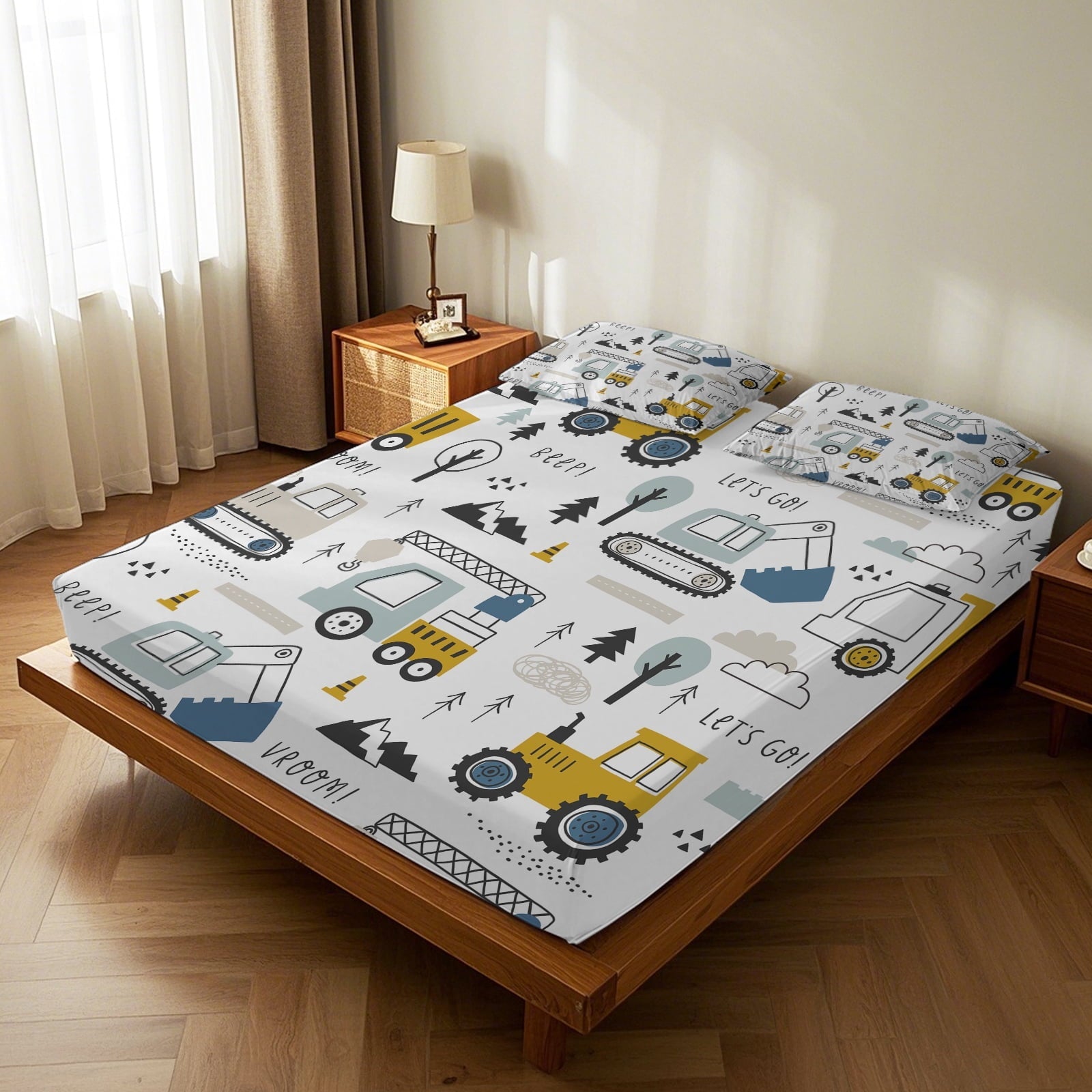 Wrinkle-Resistant Cartoon Excavator Sheet Set for Kids Boys Truck Construction Bedding Set Engineering Vehicle Bed Sheet Sets with 1 Fi... - Cooling Hotel Quality Bedding Sheets and Pillowcases Detail