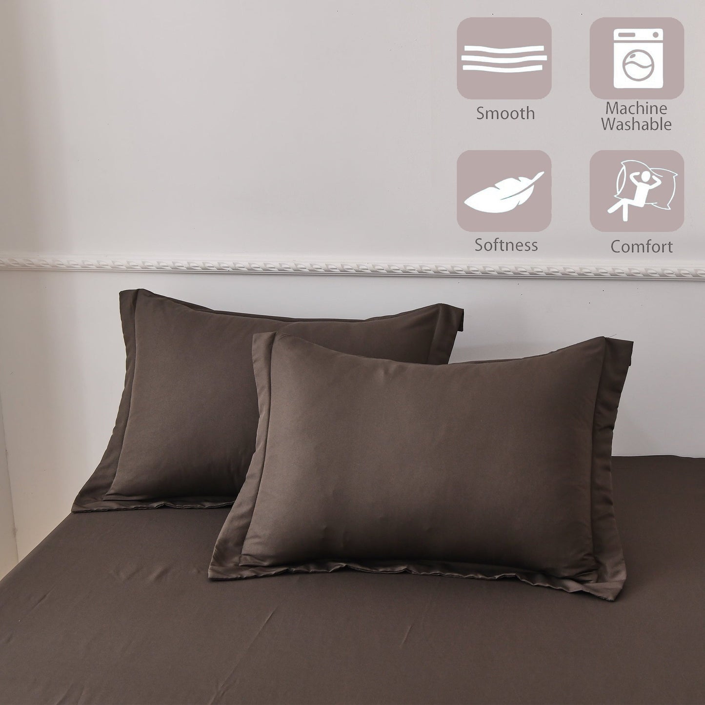 Cooling Sateen Bed Sheets Set 4 Piece Queen/Full Sheet Set Brown Gray Cotton Blend Fitted Sheet, Flat Sheet & 2 Pillowcases Bedding Set - Breathable Egyptian Cotton Flat & Fitted Sheets Detail