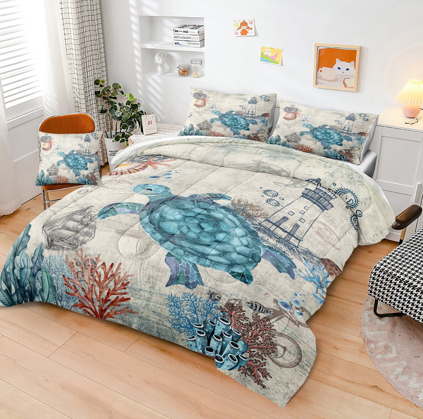 Fluffy Down Alternative Sea Turtle Comforter Set Queen Ocean Beach Bedding Set Soft and Lightweight Retro Style Design Coastal Bedding Set - Luxurious Quilted Duvet Cover Set Detail
