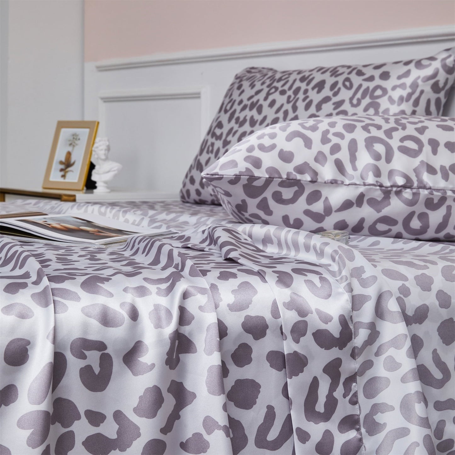 Wrinkle-Resistant Satin Sheets Twin Silk Sheets Silver Leopard Bed Sheet Set Deep Pocket Bed Flat Fitted Sheet, 3-Pieces - Cooling Hotel Quality Bedding Sheets and Pillowcases Detail