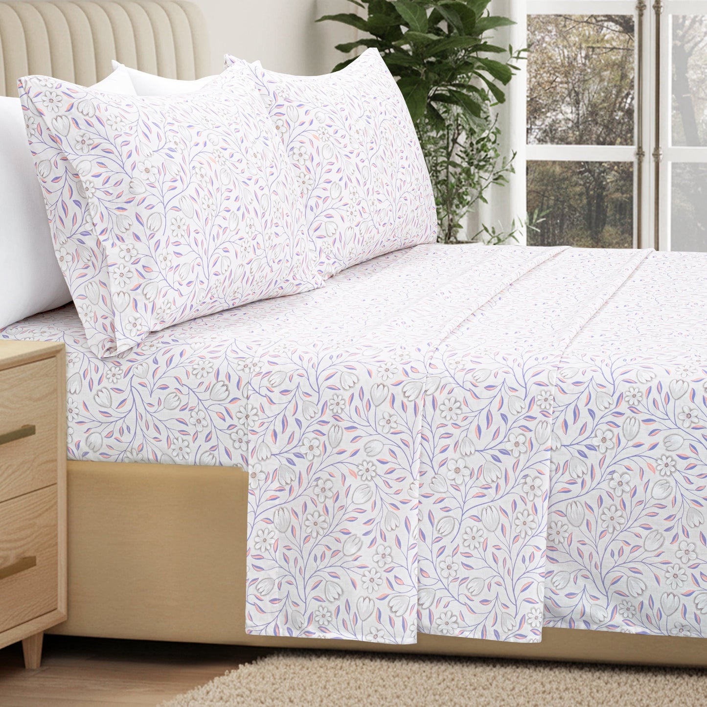 Ultra-Soft 100% Cotton Full Size Sheets,4 Piece Pure Percale Bed Sheets Set Deep Pocket Fits Mattress Upto 15",floral vine pattern - Luxury Bed Sheet Set with Deep Pockets Detail