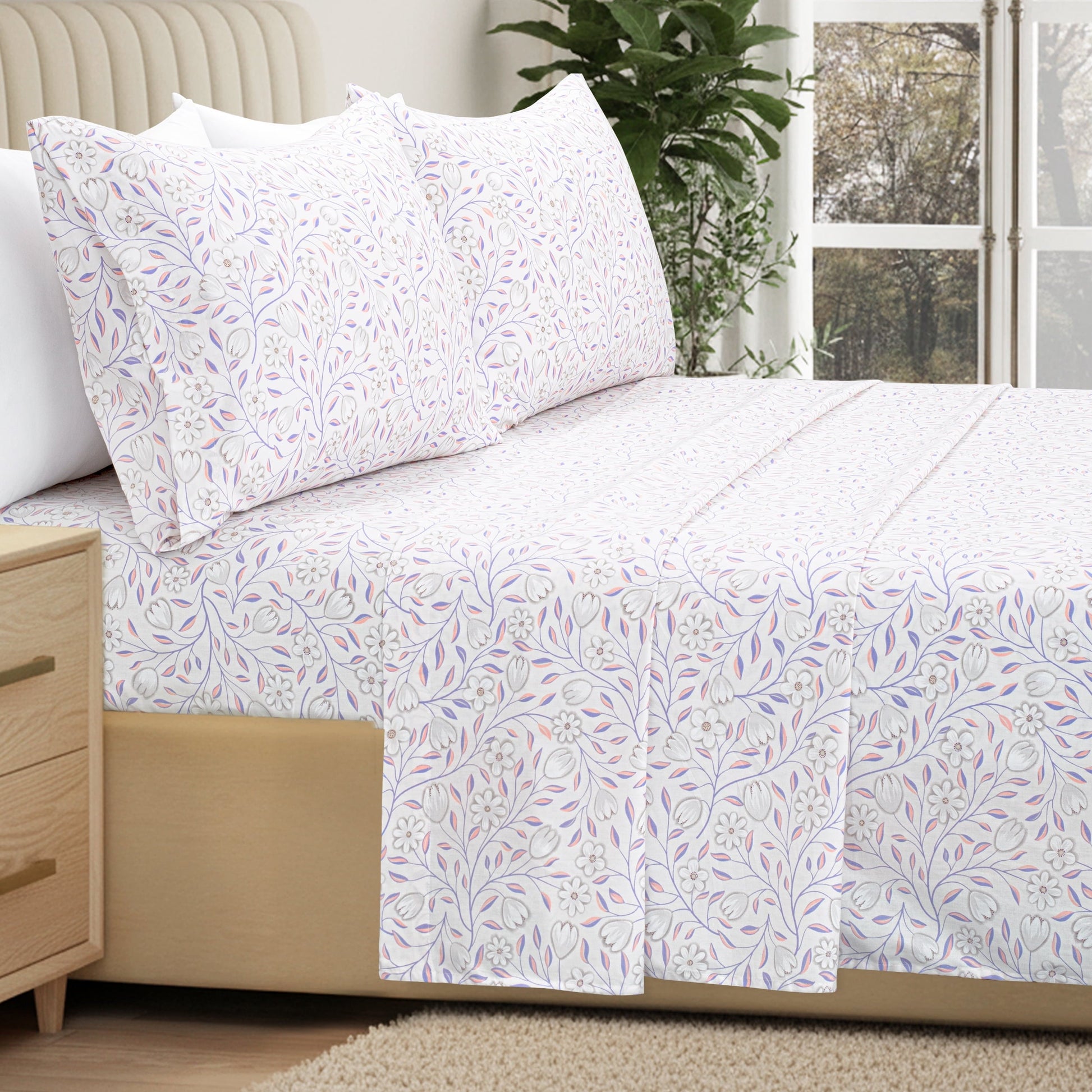 Ultra-Soft 100% Cotton Full Size Sheets,4 Piece Pure Percale Bed Sheets Set Deep Pocket Fits Mattress Upto 15",floral vine pattern - Luxury Bed Sheet Set with Deep Pockets Detail