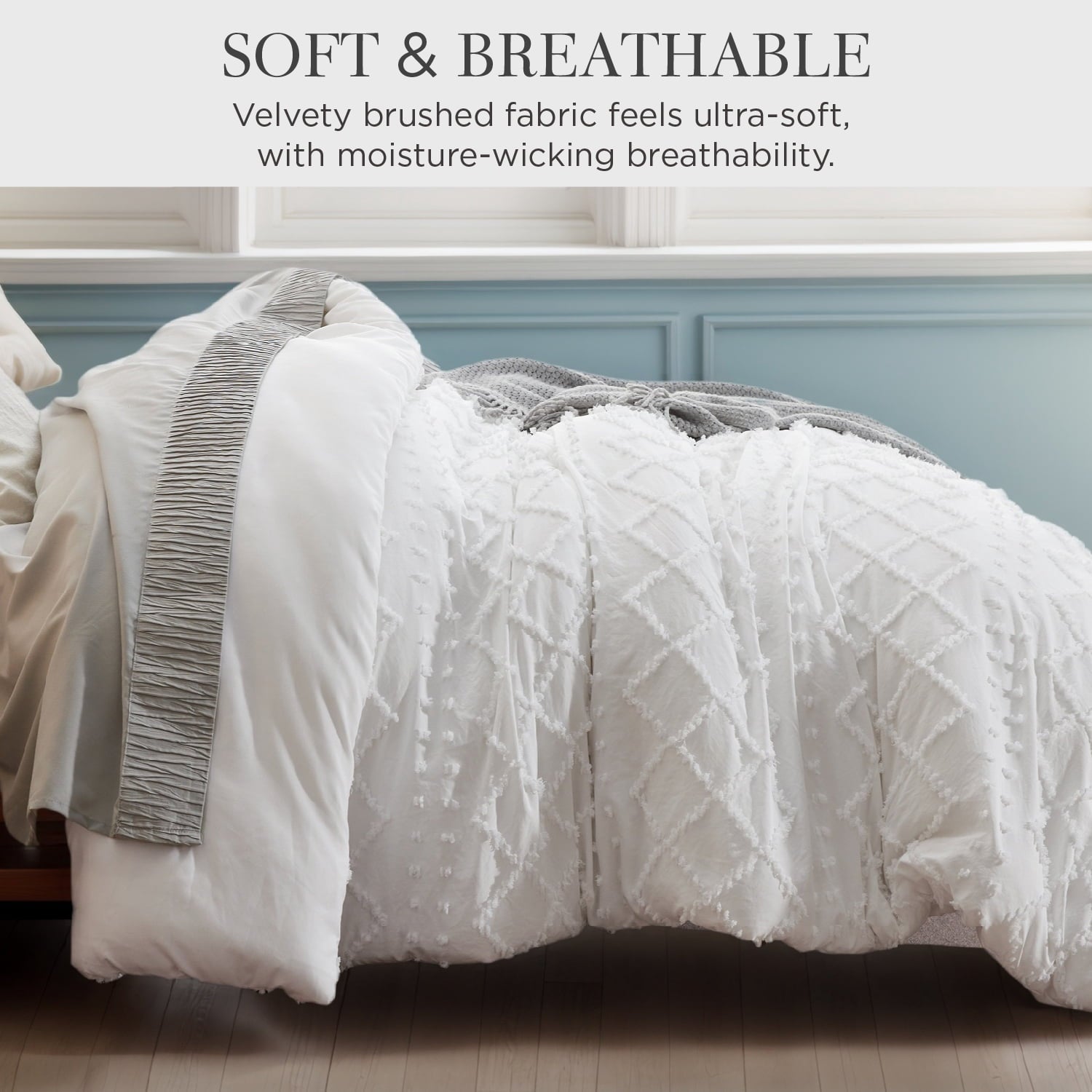 Luxurious Quilted Queen Comforter Set, Boho Tufted Shabby Chic Bedding Comforter Set, 3 Pieces Farmhouse Bed Set for All Seasons, White... - Cloud-Like Soft Lightweight Bed Comforter Detail