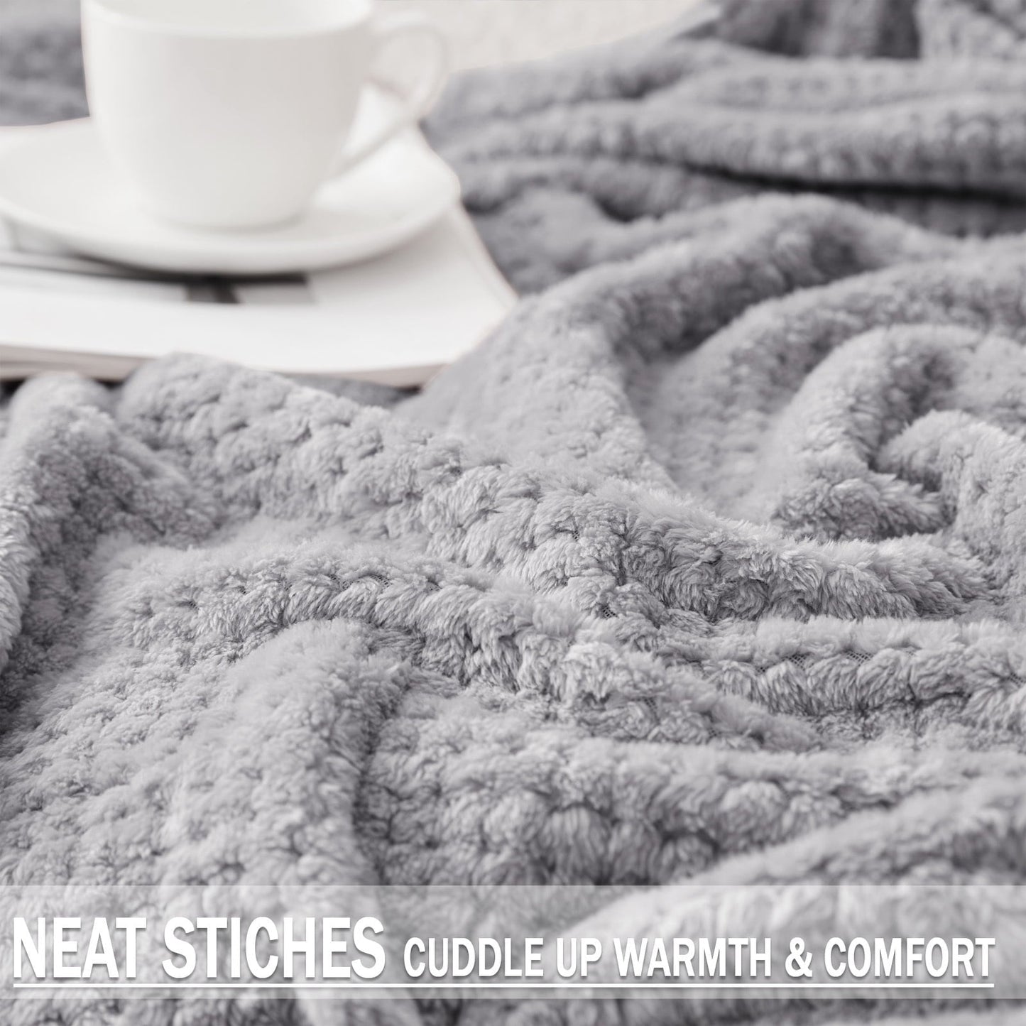 Reversible Sherpa Waffle Textured Extra Large Fleece Blanket, Super Soft and Warm Throw Blanket for Couch, Sofa and Bed (Light Grey, 50... - Luxury Knitted Decorative Throw Blanket with Fringes Detail