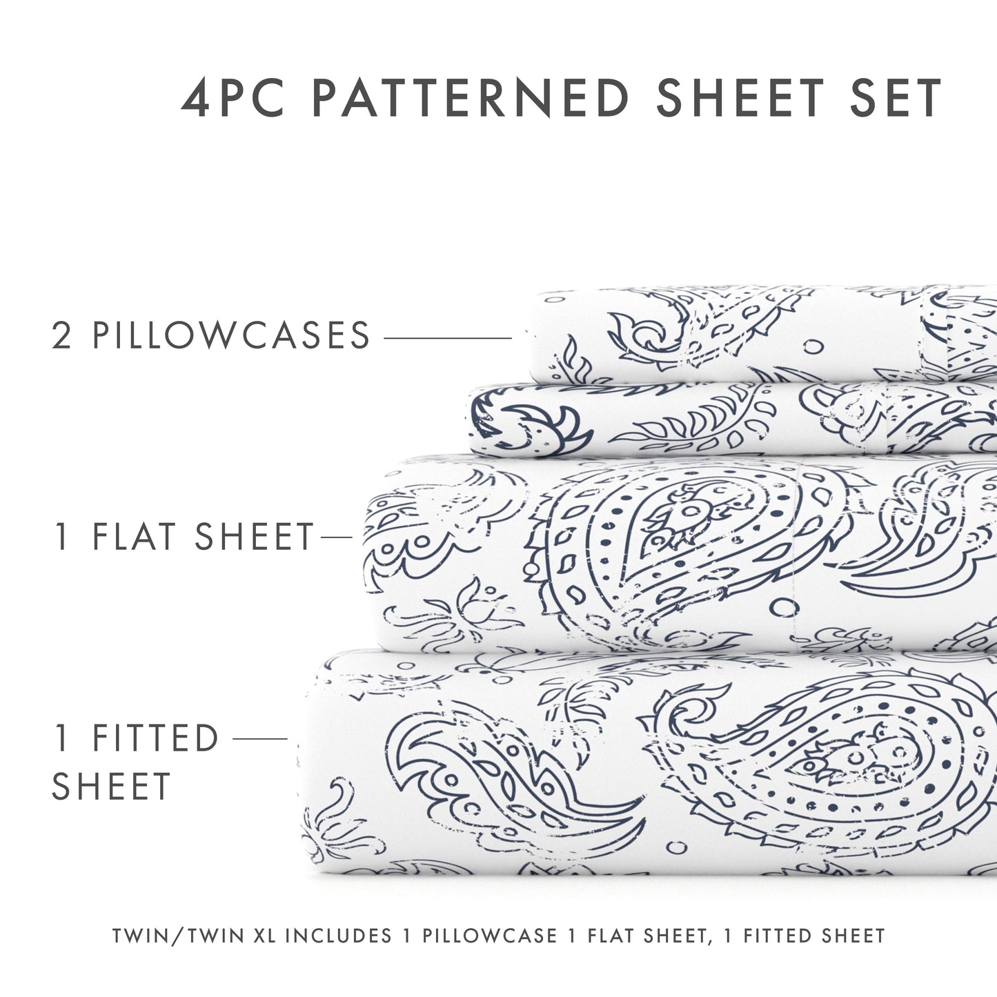 Premium Egyptian Cotton 4 Piece Pattern Microfiber Bed Sheets Set, Navy Coarse Paisley, Full - Breathable Egyptian Cotton Flat & Fitted Sheets Detail