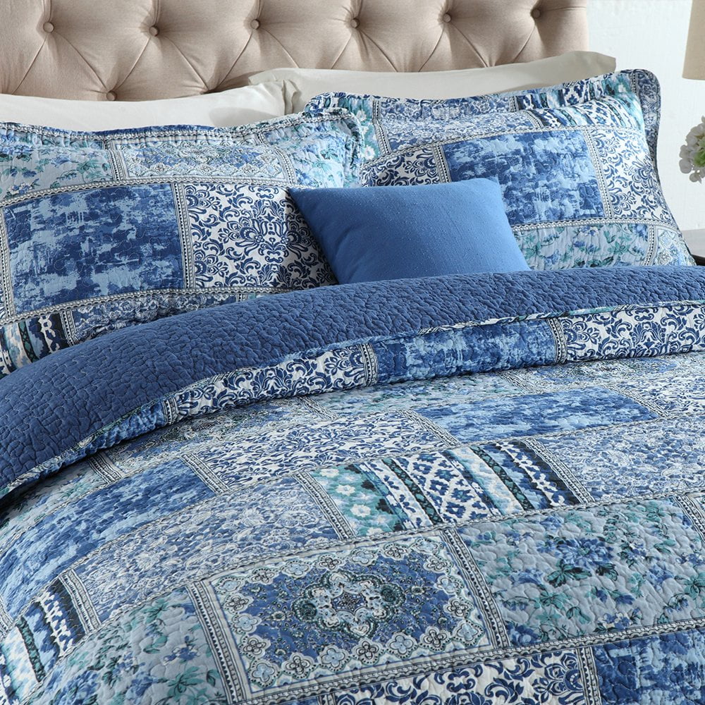 Hypoallergenic Cloud Quilt Comforter Cotton Bedding Set With Shams, Vintage Blue, King - Luxurious Quilted Duvet Cover Set Detail