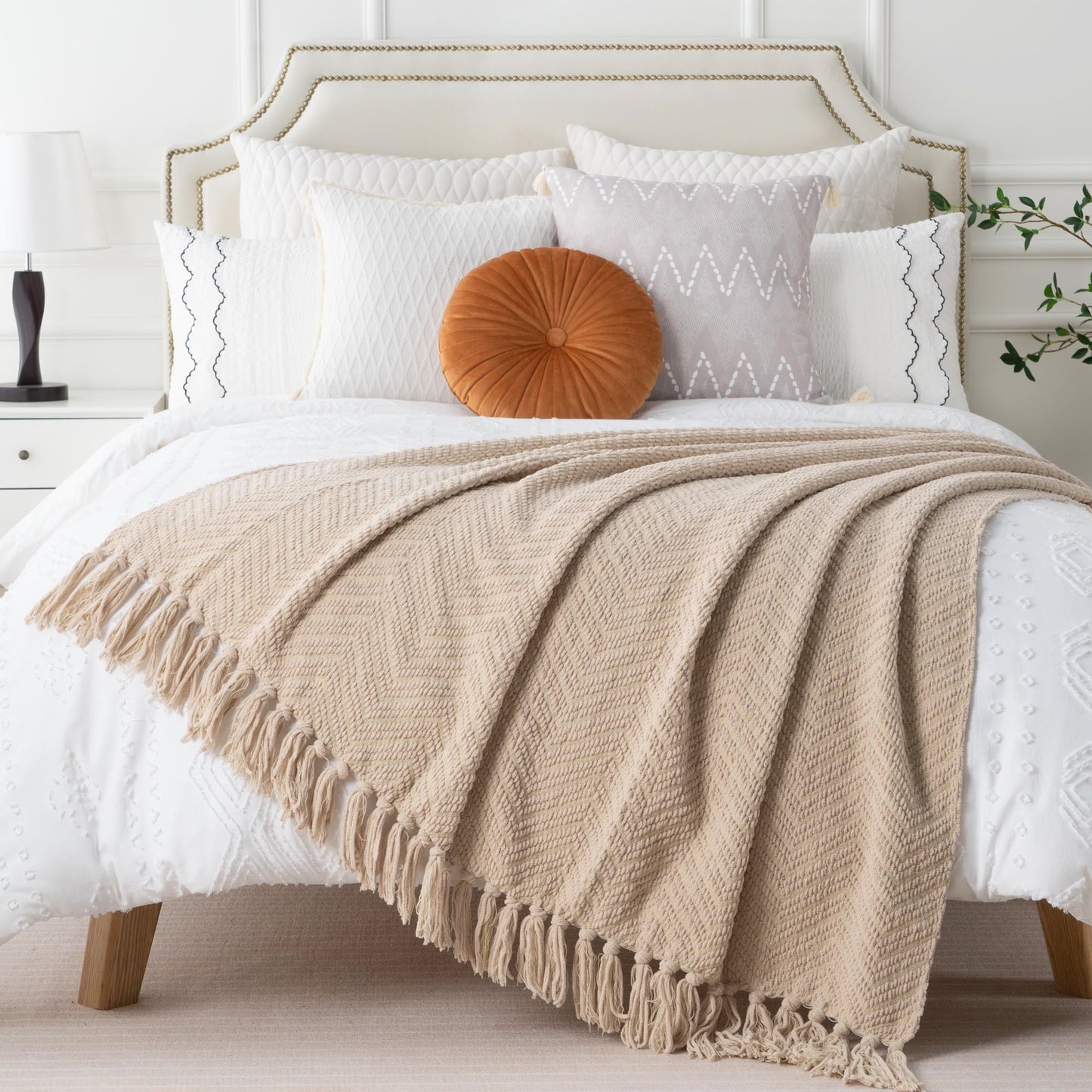 Lightweight Warm Beige Throw Blanket,Textured Knitted Tan Throws with Tassels,Neutral Sofa Bed Throws,50"x60" - Lightweight Plush Warm Blanket for All Seasons Detail