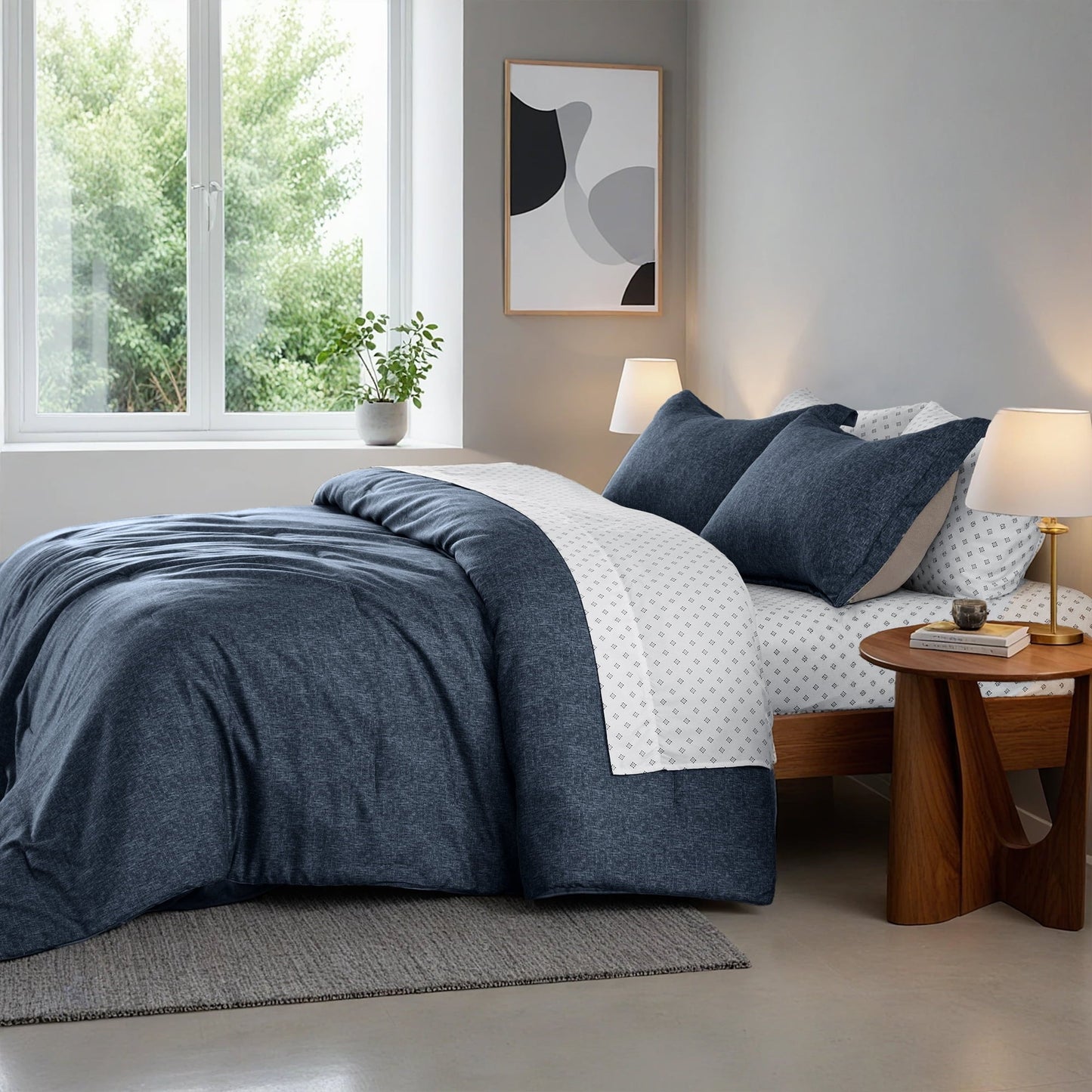 All-Season Queen Size Comforter Set, 7-Piece Reversible Bed in a Bag with Sheets, Navy - Hypoallergenic Ultra-Fluffy Quilt for Winter Detail