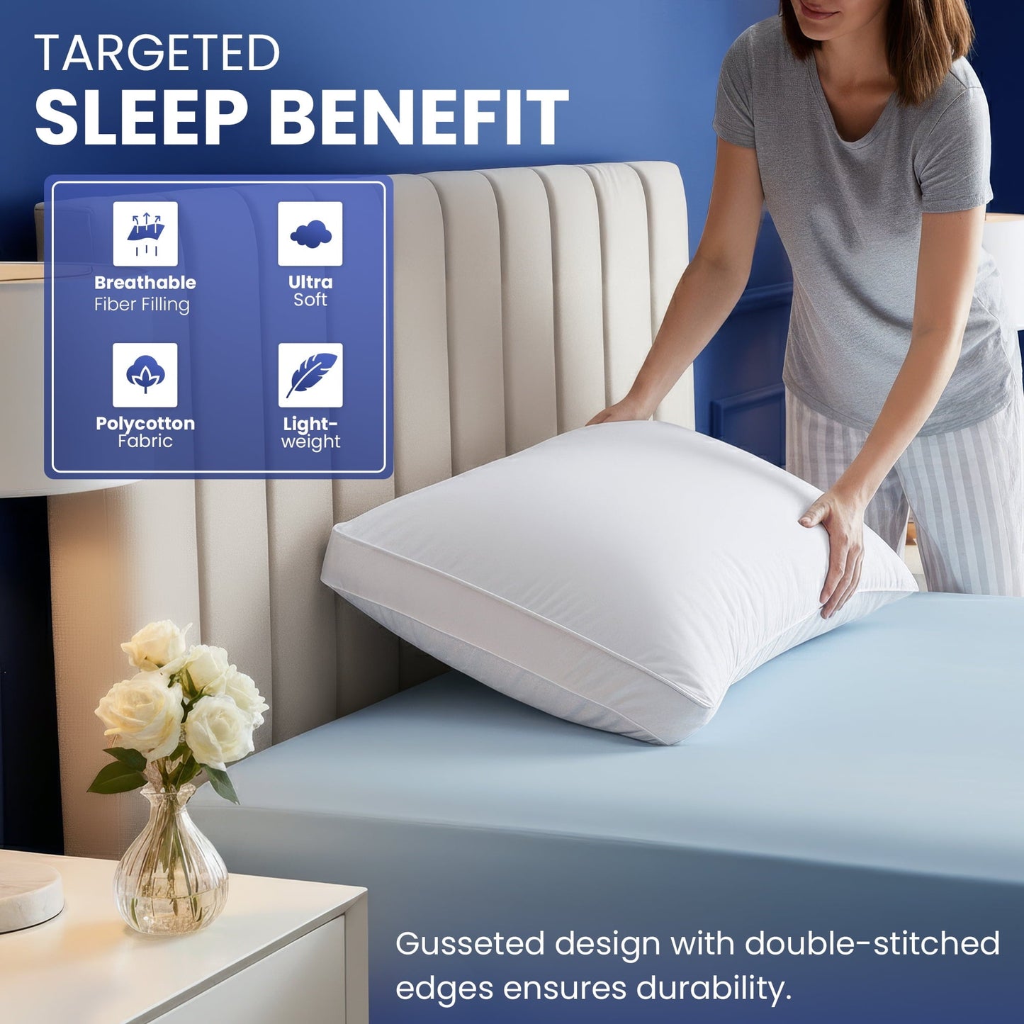 Fluffy Shredded Queen Bed Pillow, 26"L x 18" W, Set of 2, Soft and High-Quality, Gusseted Pillow for All Sleep Positions (White) - Hotel Quality Plush Sleeping Pillows Detail