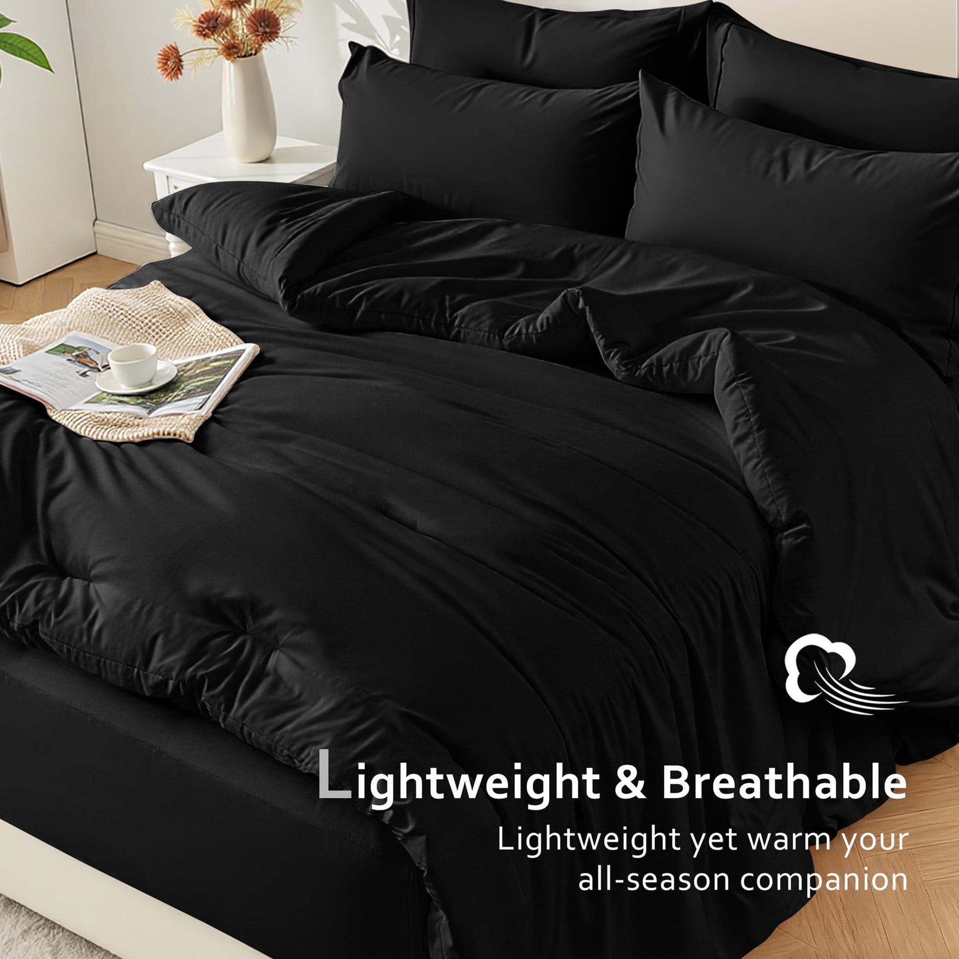 Hypoallergenic Cloud 5-Piece Bed in Bag - Twin Size Comforter Sets, Pillowcases & Sheet Collection for Cozy Bedding Sets Black - All-Season Down Alternative Comforter Insert Detail
