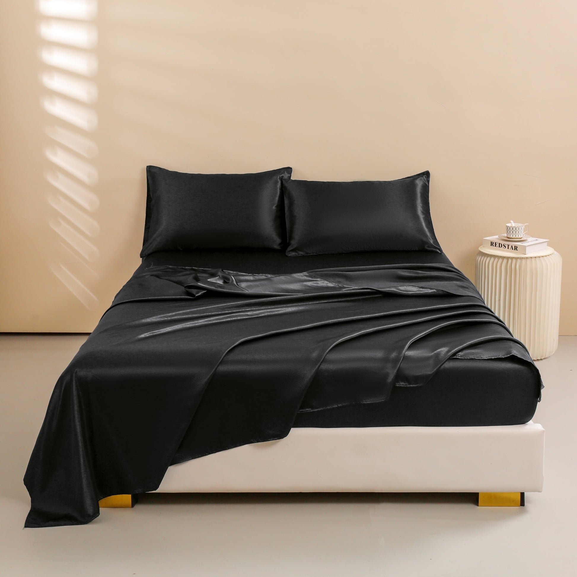 Breathable Luxury 4Pcs Black Satin Sheets Queen Set Silk Sheets 13" Deep Pocket Ultra Soft silky Bed Sheet Set - Luxury Bed Sheet Set with Deep Pockets Detail